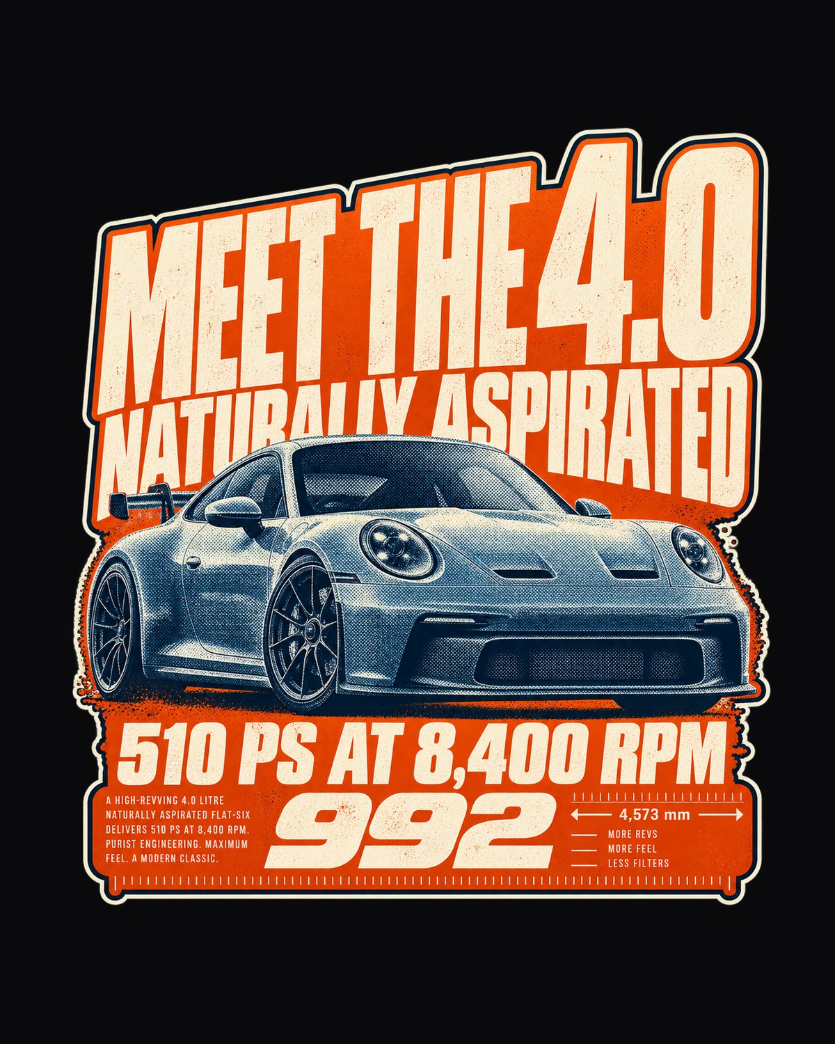 Porsche 992 GT3 Halftone Shirt, Naturally Aspirated 4.0 Tee design only