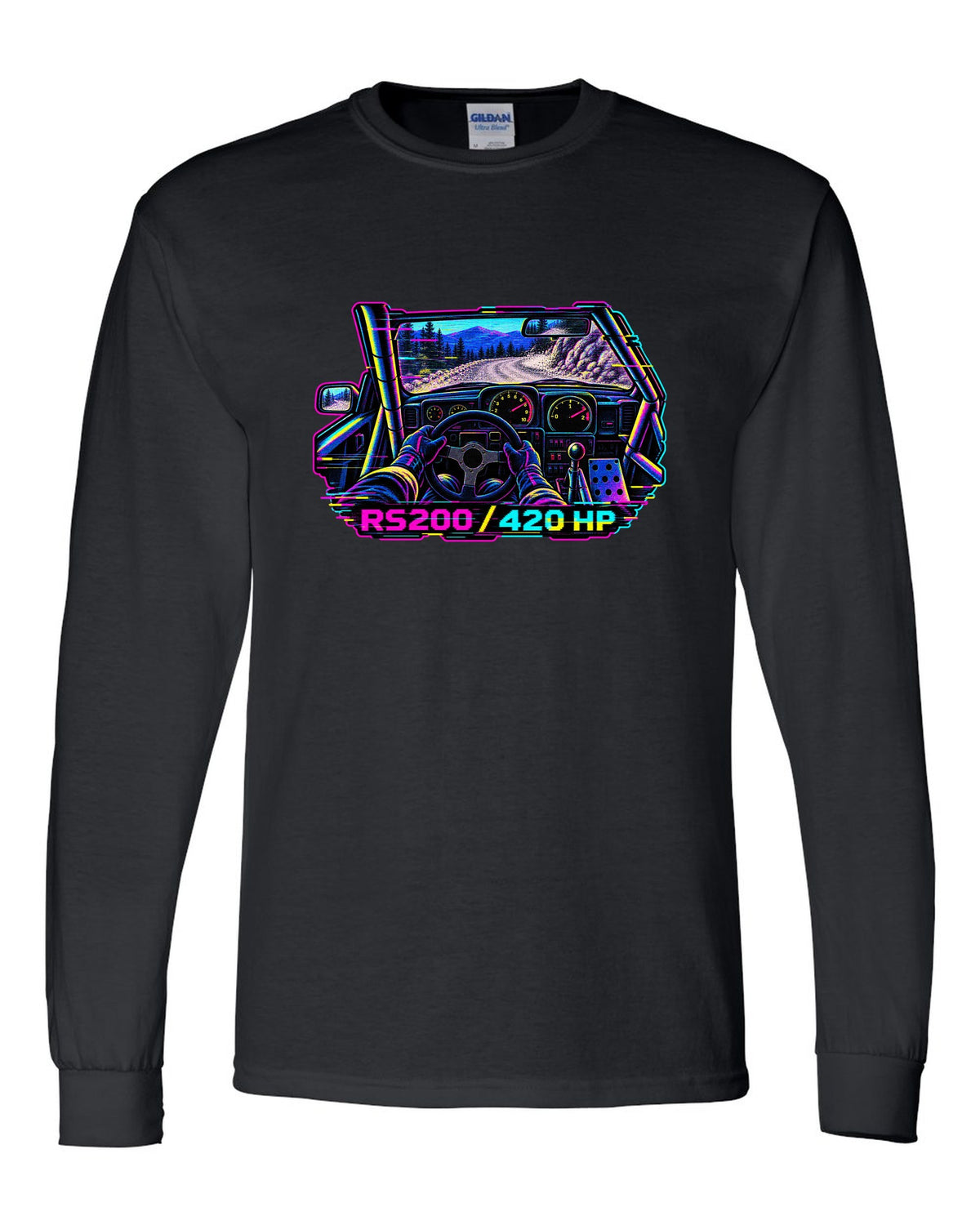 VHS glitch style Ford RS200 cockpit print with 420 hp lettering black long sleeve front view with the design