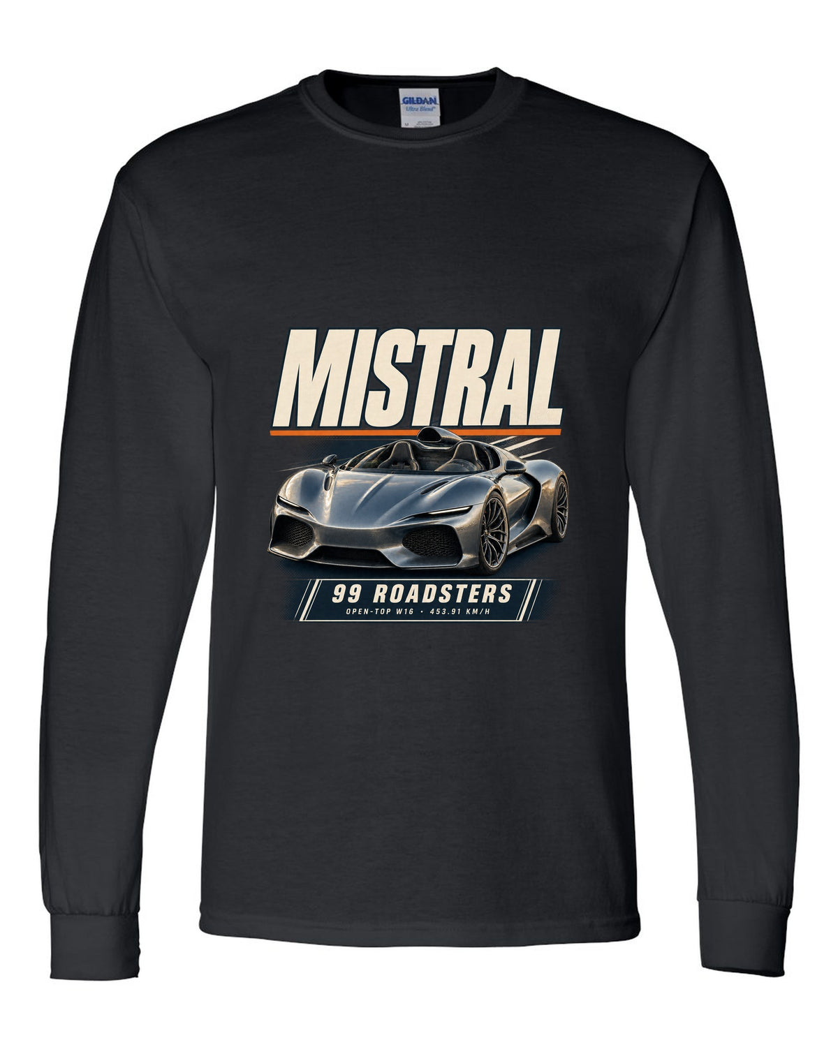 Editorial headline poster of the Bugatti Mistral open-top roadster, print black long sleeve front view with the design