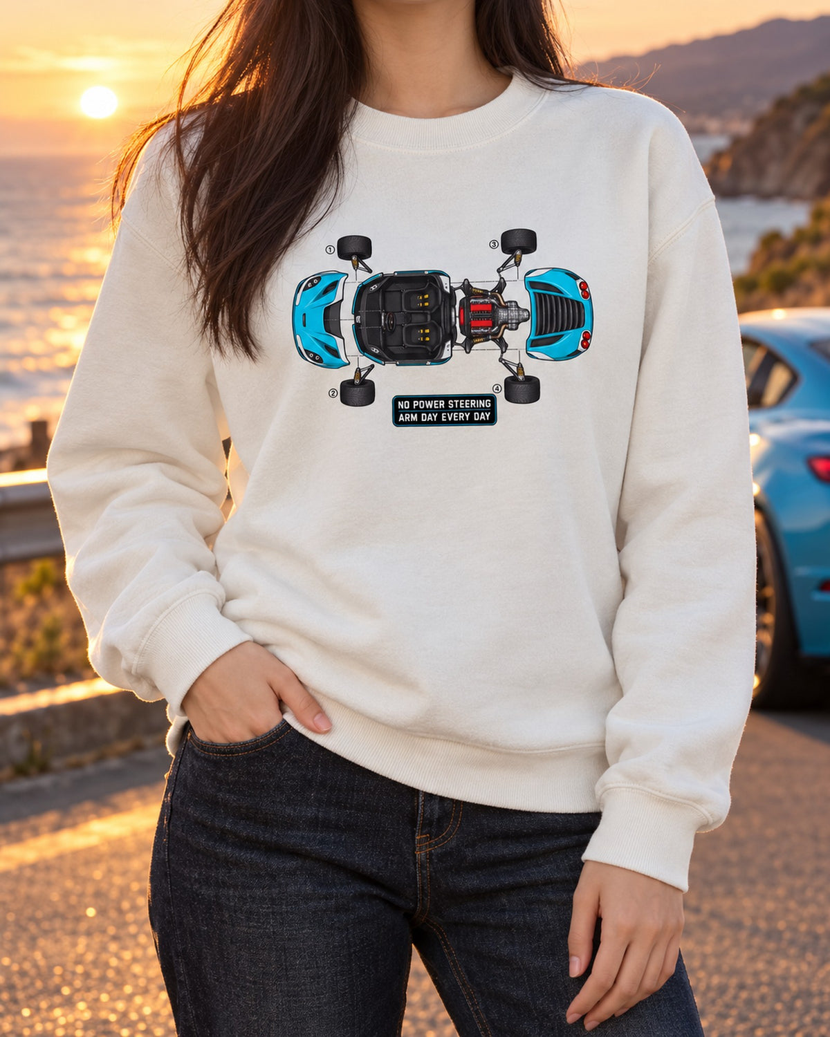 Alfa Romeo 4C Exploded Blueprint Tee, Arm Day Every Day Crewneck White worn hero