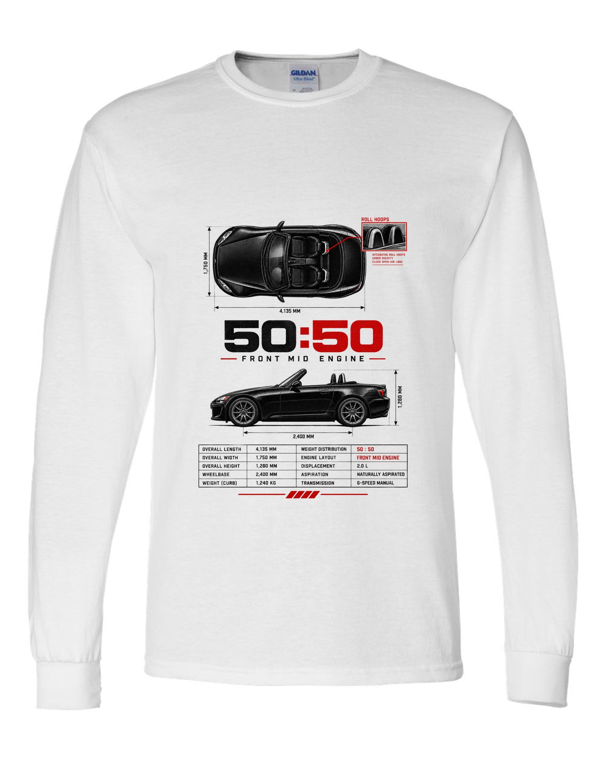 Honda S2000 AP2 roadster spec poster design with 50:50 front mid engine 2,400 mm text white long sleeve front view with the design