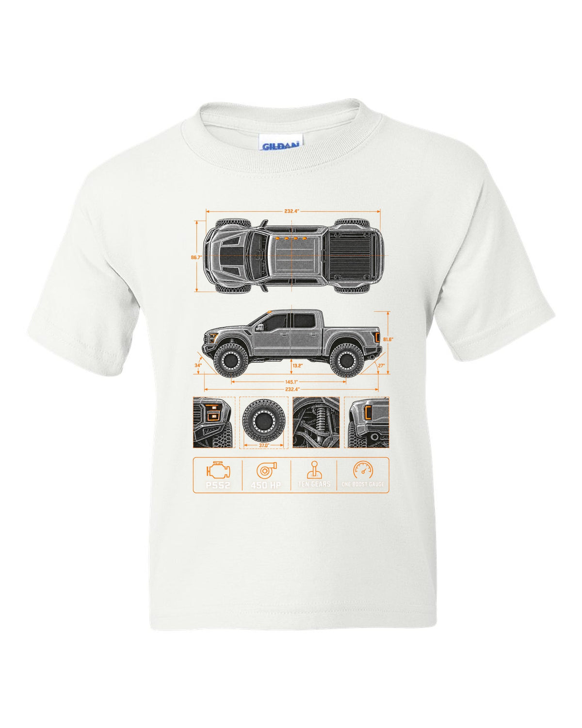 Ford F-150 Raptor Gen 2 P552 spec poster print with 450 HP and ten gears white kids tee front view with the design