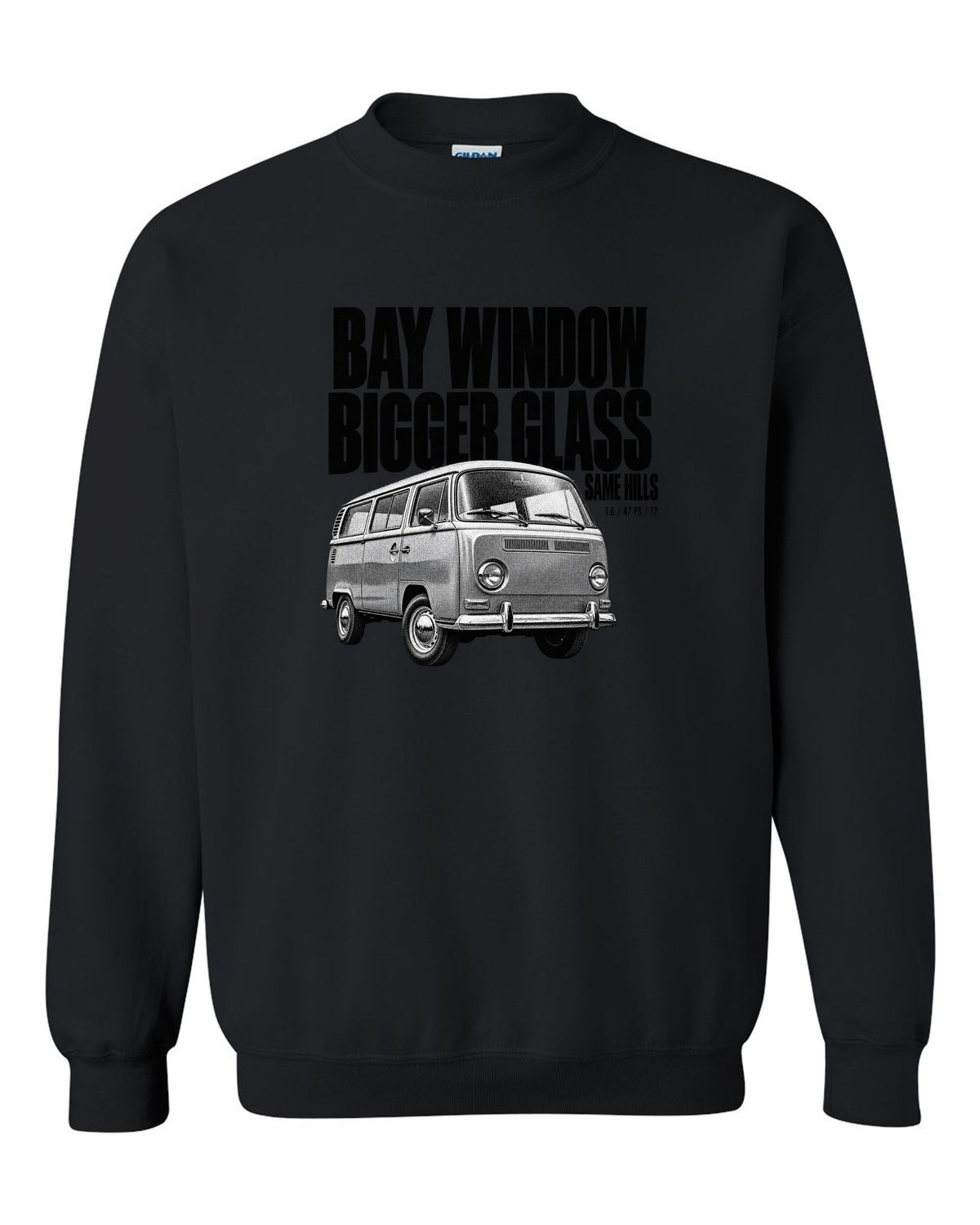Halftone print of a VW T2 Bay Window bus front three-quarter with bigger glass same hills text black crewneck front view with the design
