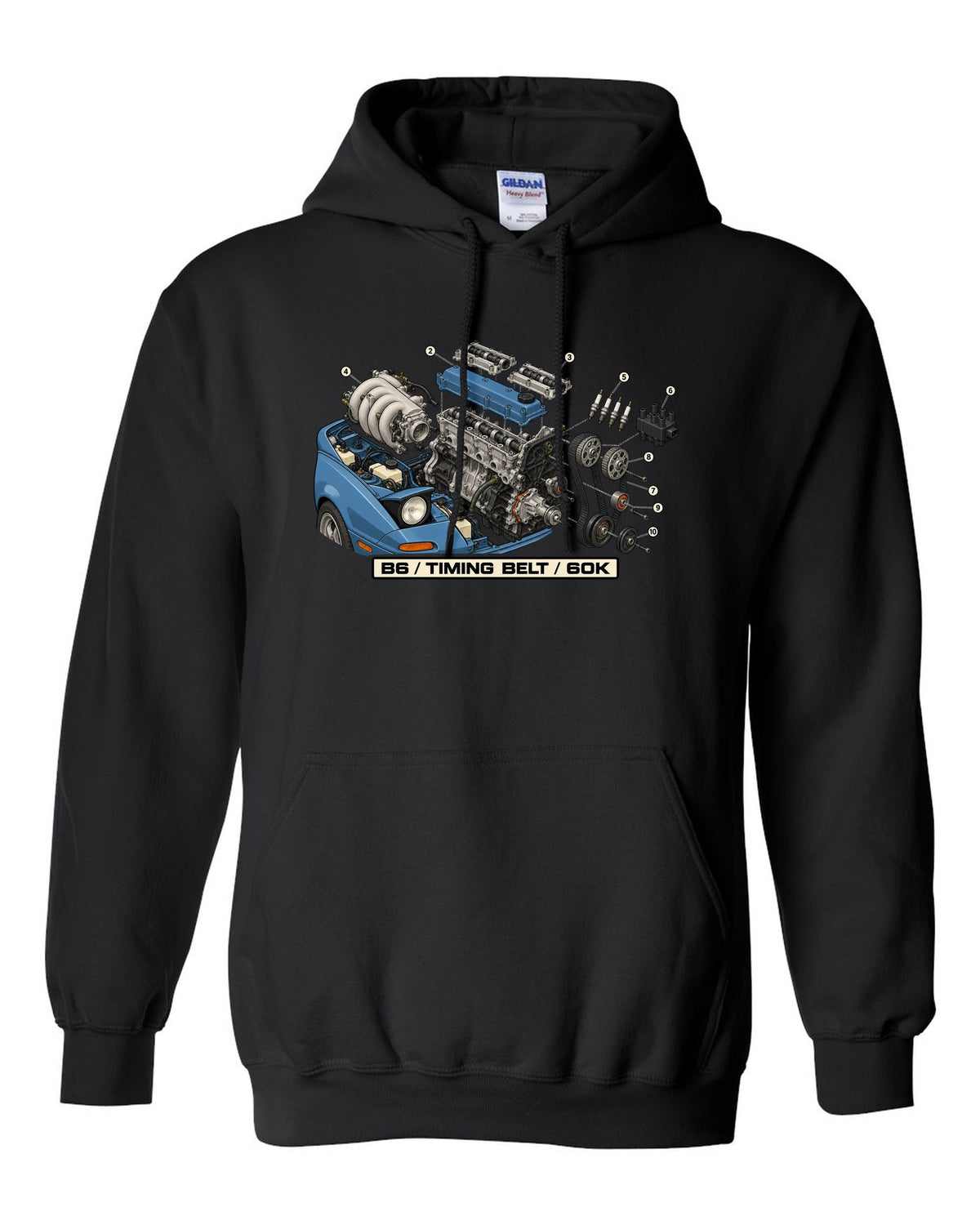 Exploded engine diagram print of a Mazda MX-5 NA B6 1.6L with timing belt 60K text black pull over hoodie front view with the design