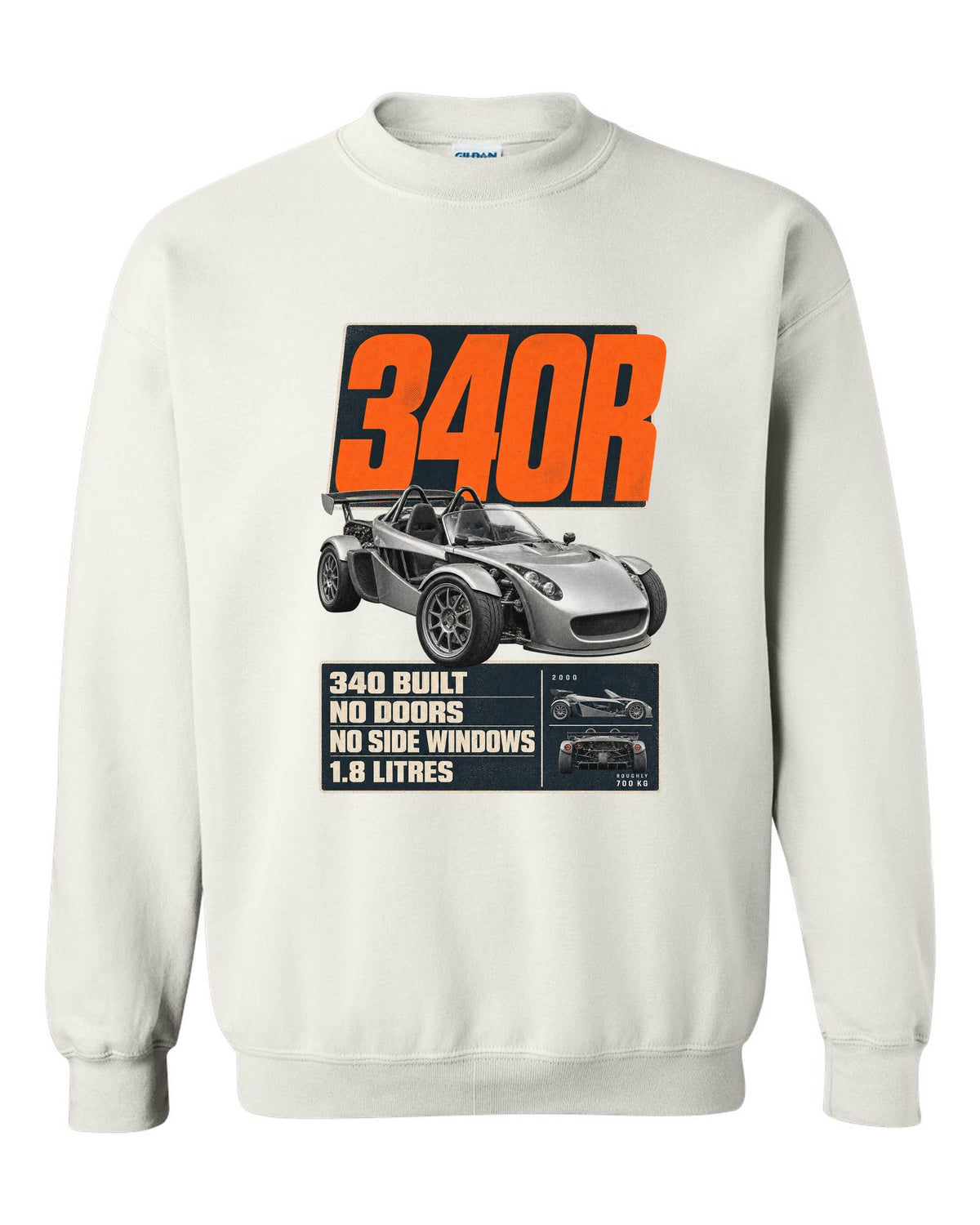 Lotus Elise 340R doorless roadster editorial headline print design white crewneck front view with the design