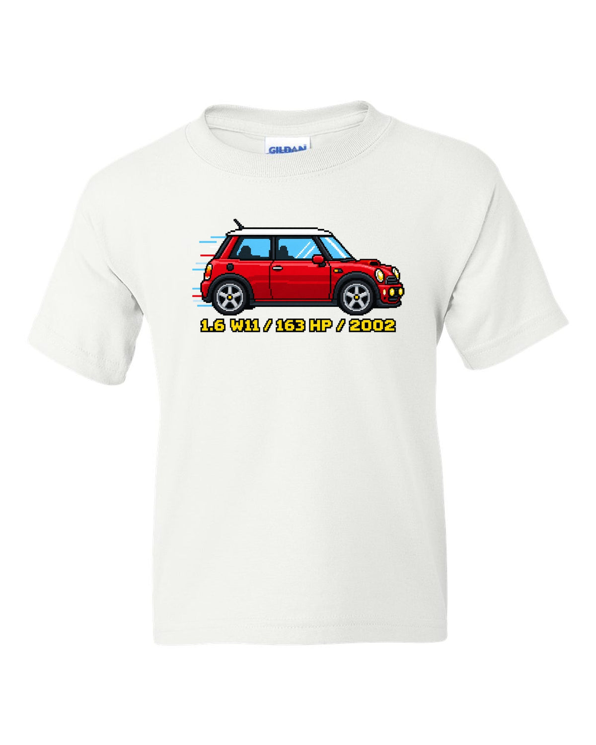 Sixteen-bit pixel art Mini Cooper S R53 with 1.6 W11, 163 HP, 2002 stats white kids tee front view with the design