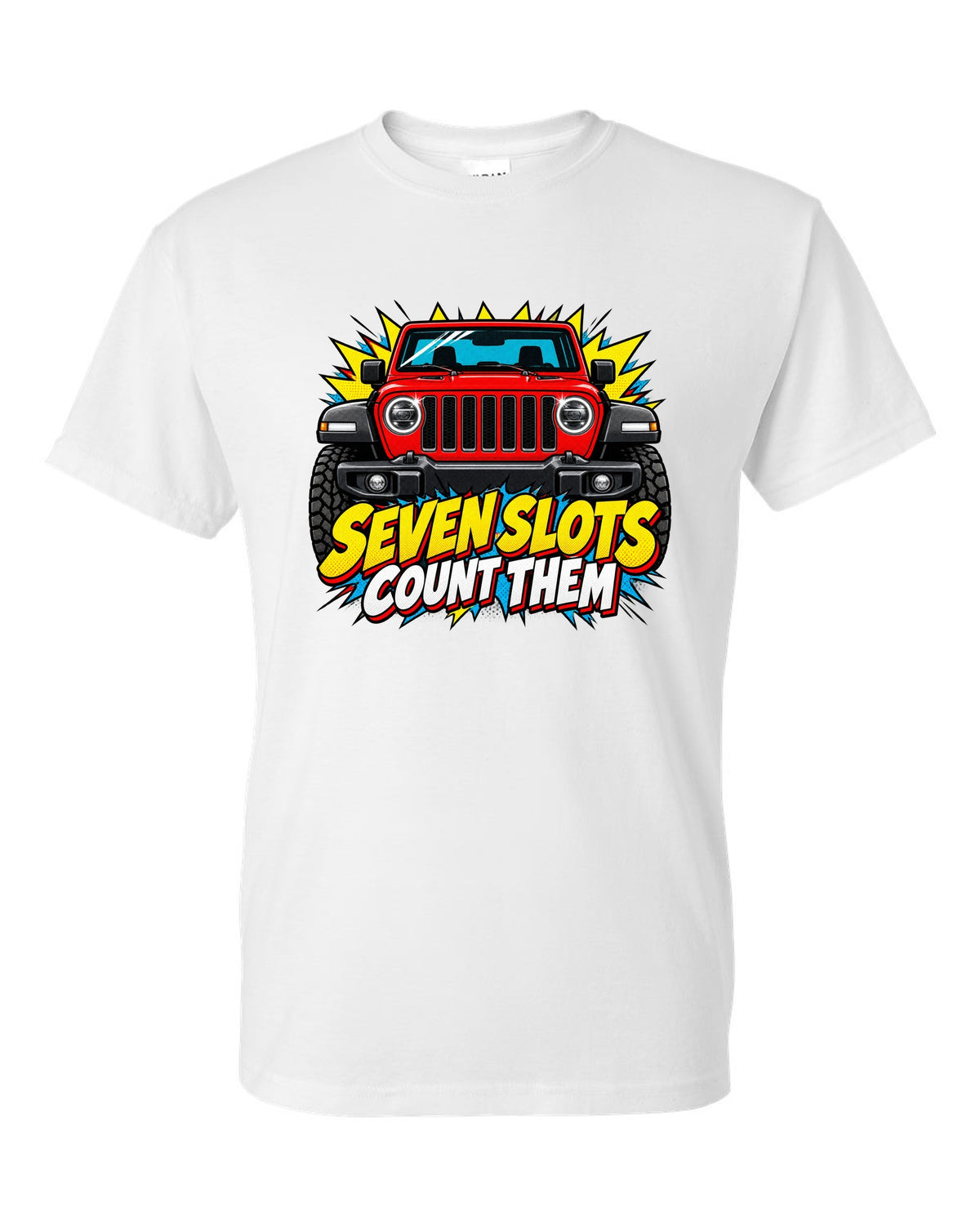 Comic halftone pop-art print of a Jeep Wrangler JL with seven slots text white t-shirt front view with the design