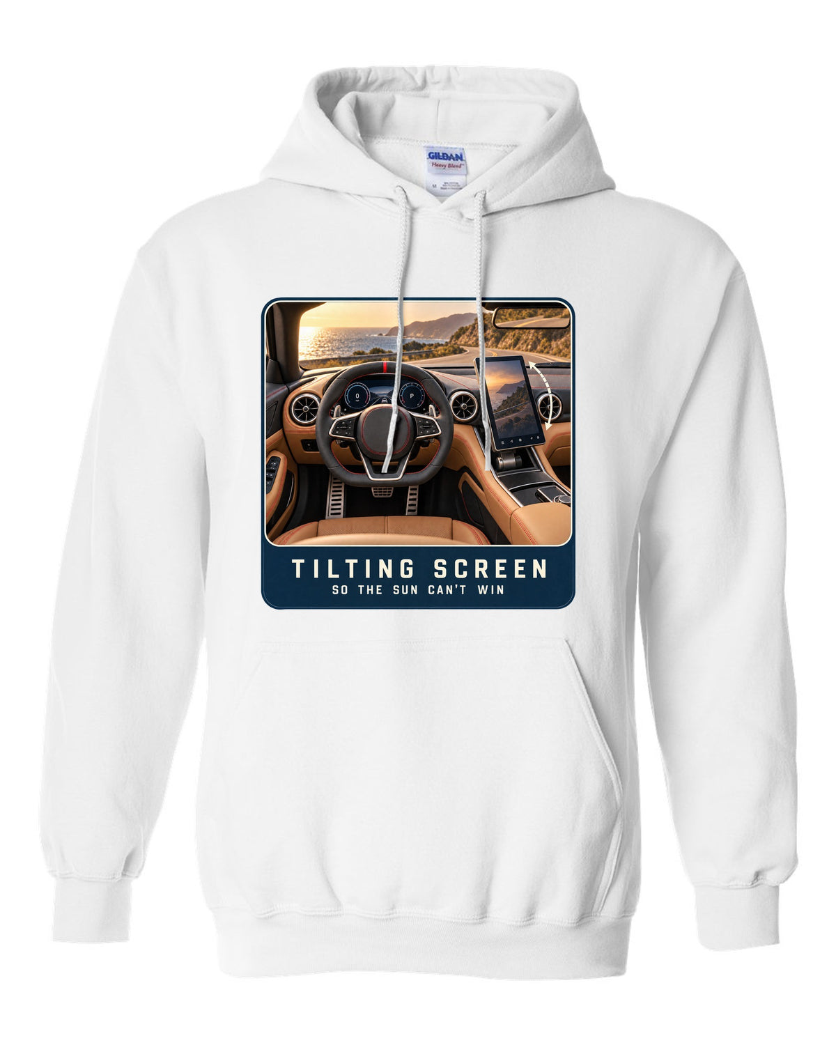 Mercedes-AMG SL63 R232 cockpit driver view with tilting central screen print white pull over hoodie front view with the design