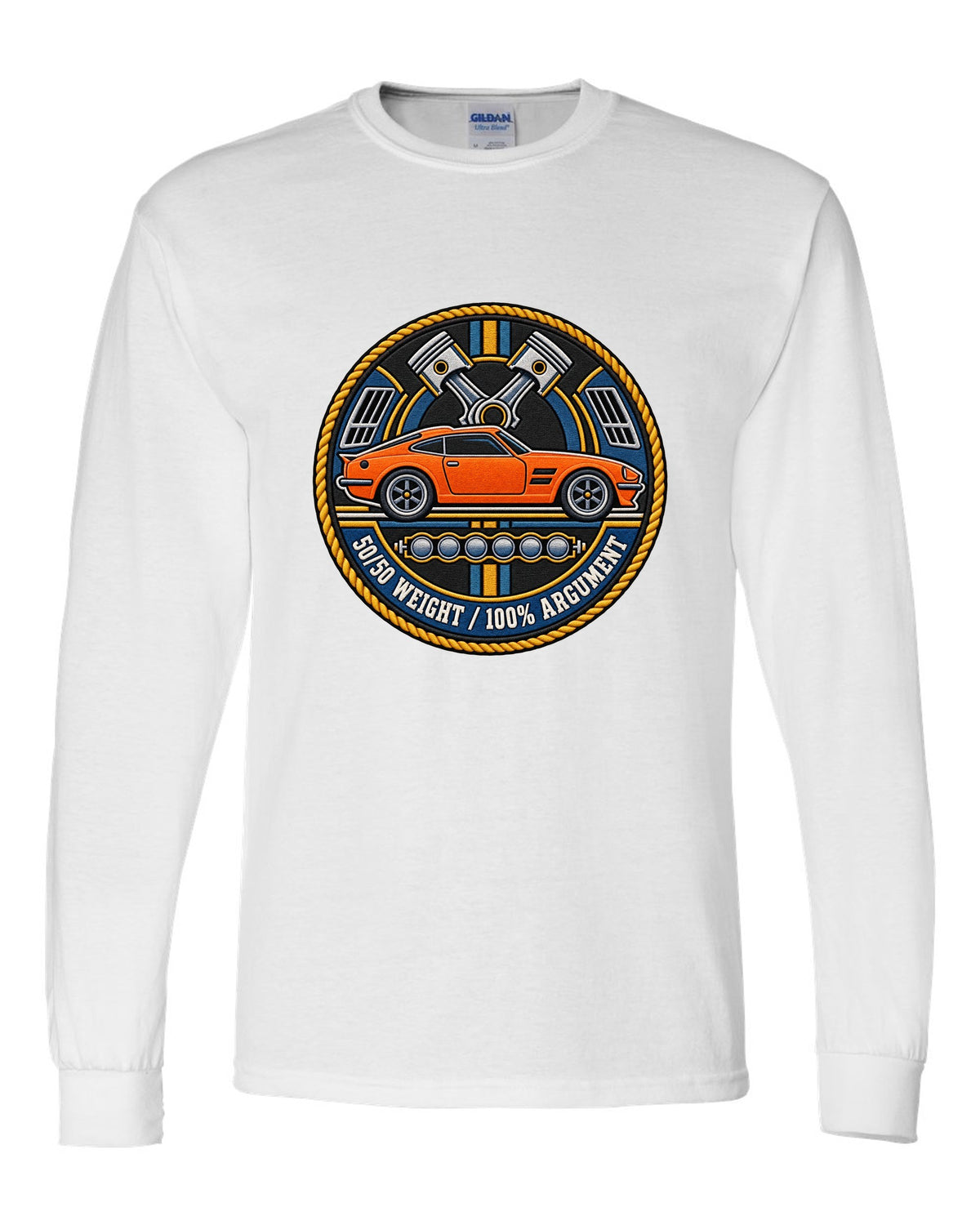 Varsity crest design for the Toyota GR Supra A90 with double-bubble roof white long sleeve front view with the design