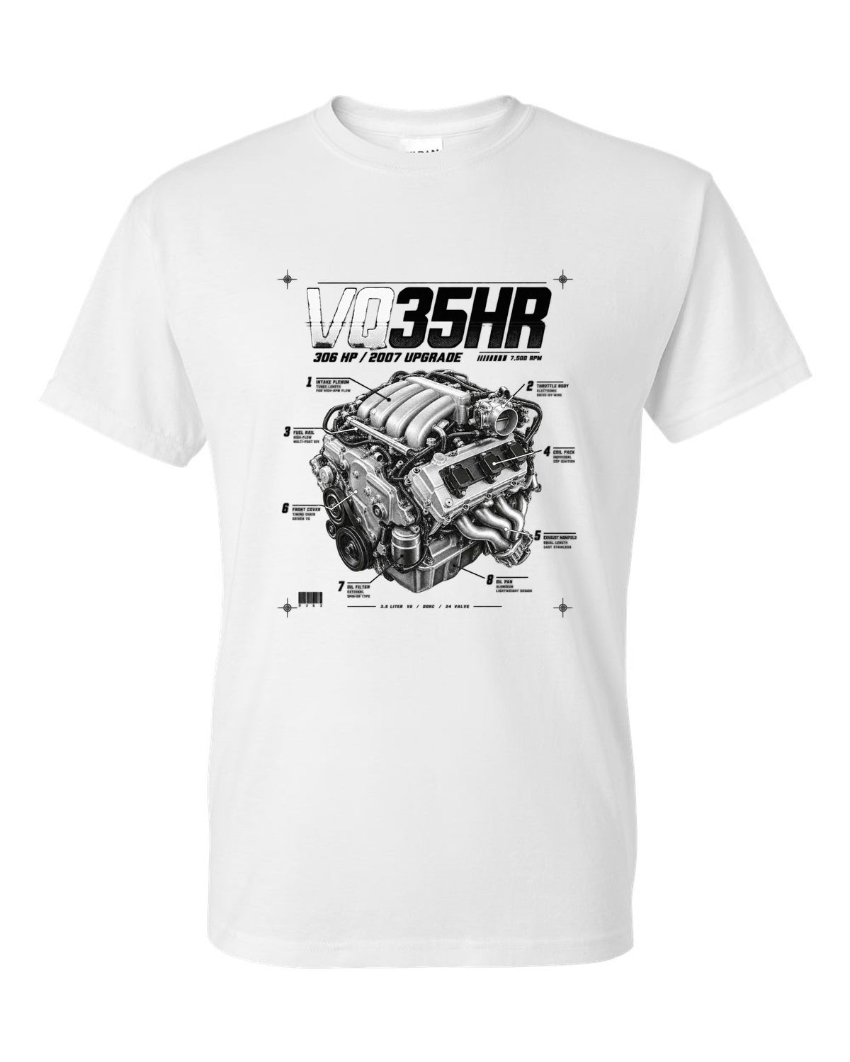 print of a Nissan 350Z Z33 VQ35HR engine plate with 306 HP and 7,500 RPM white t-shirt front view with the design