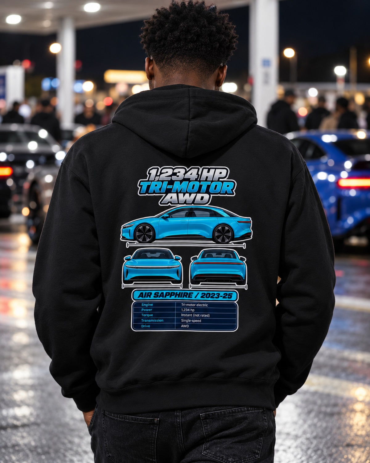 Lucid Air Sapphire Spec Sheet Full-Back Graphic Tee Zip Hoodie Black worn hero