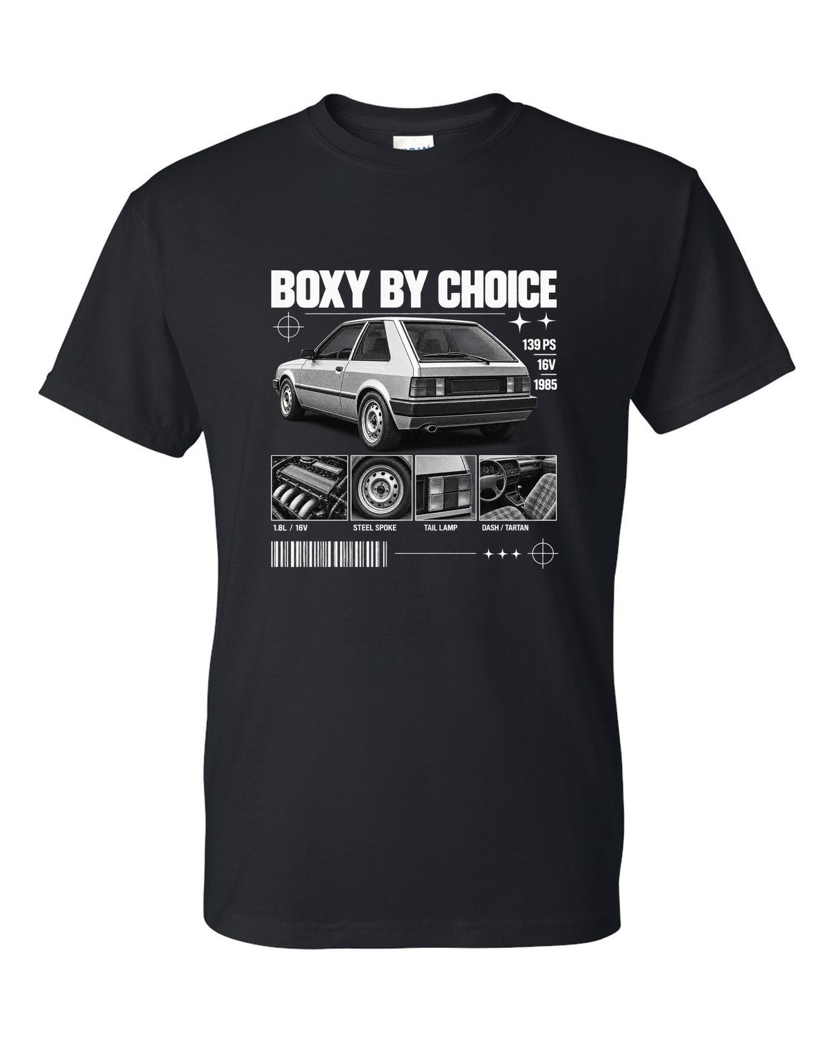 VW Golf Mk2 GTI 16V 1985 rear three-quarter in dossier panels with 139 PS text black t-shirt front view with the design