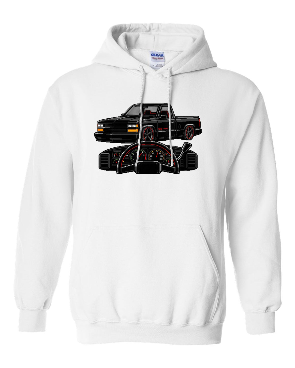 16-bit pixel art gauge print for a 1990-93 Chevrolet 454 SS pickup with SS 454 text white pull over hoodie front view with the design