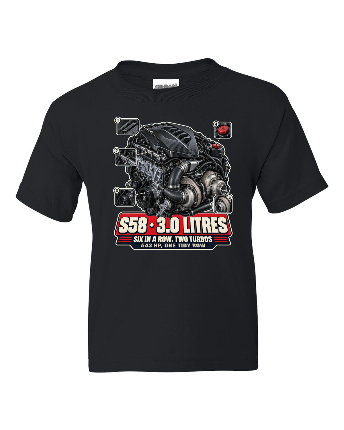 BMW M4 CSL G82 S58 engine bay hero print black kids tee front view with the design