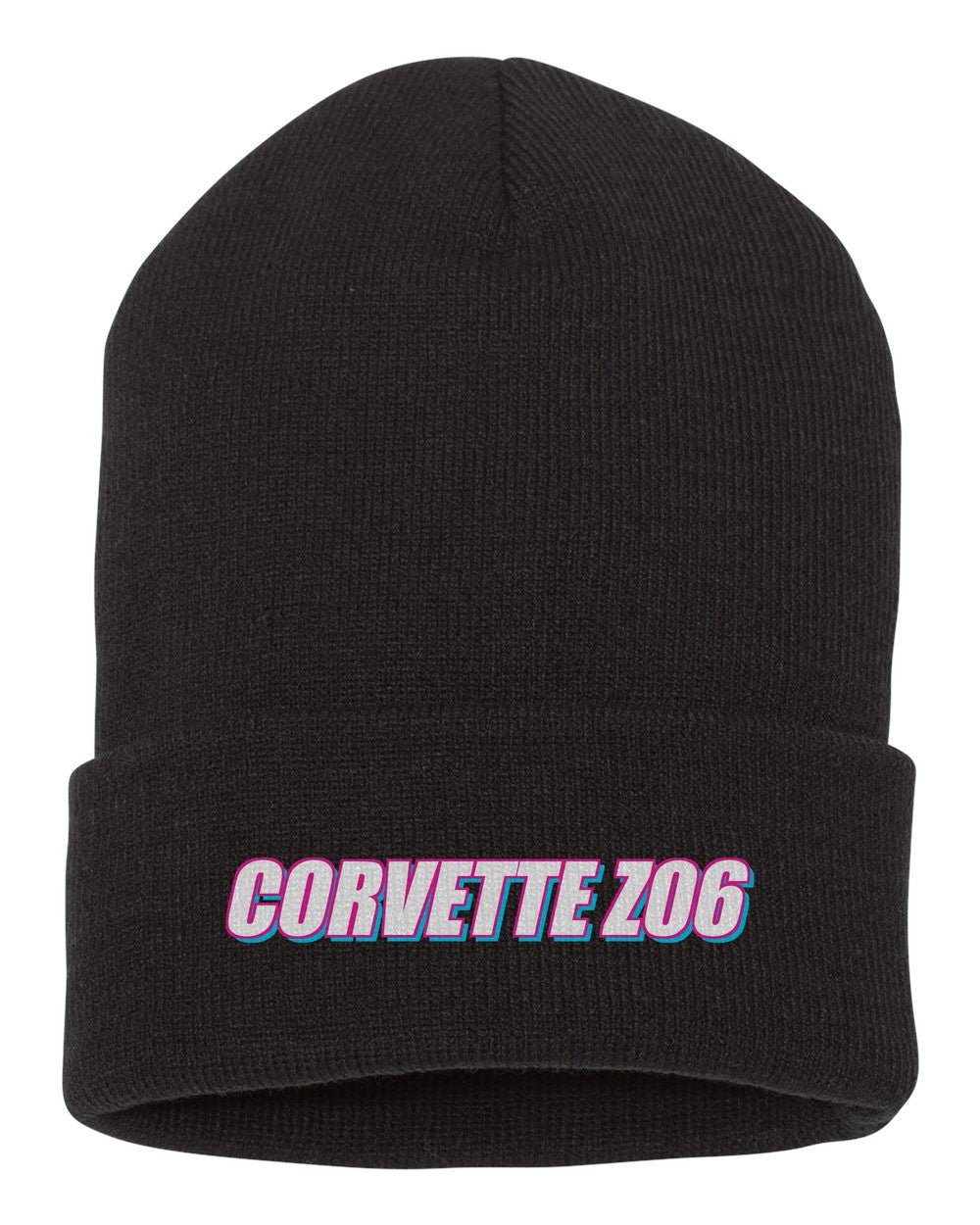 Corvette Z06 black beanie front view with car name