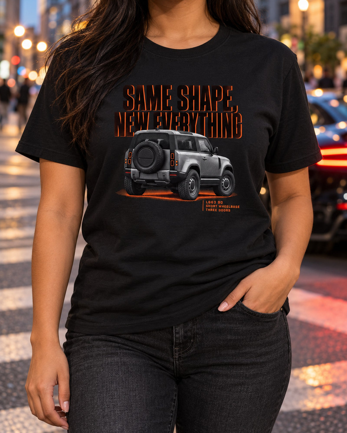Land Rover Defender L663 90 Halftone Statement Graphic Tee T-Shirt Black worn hero