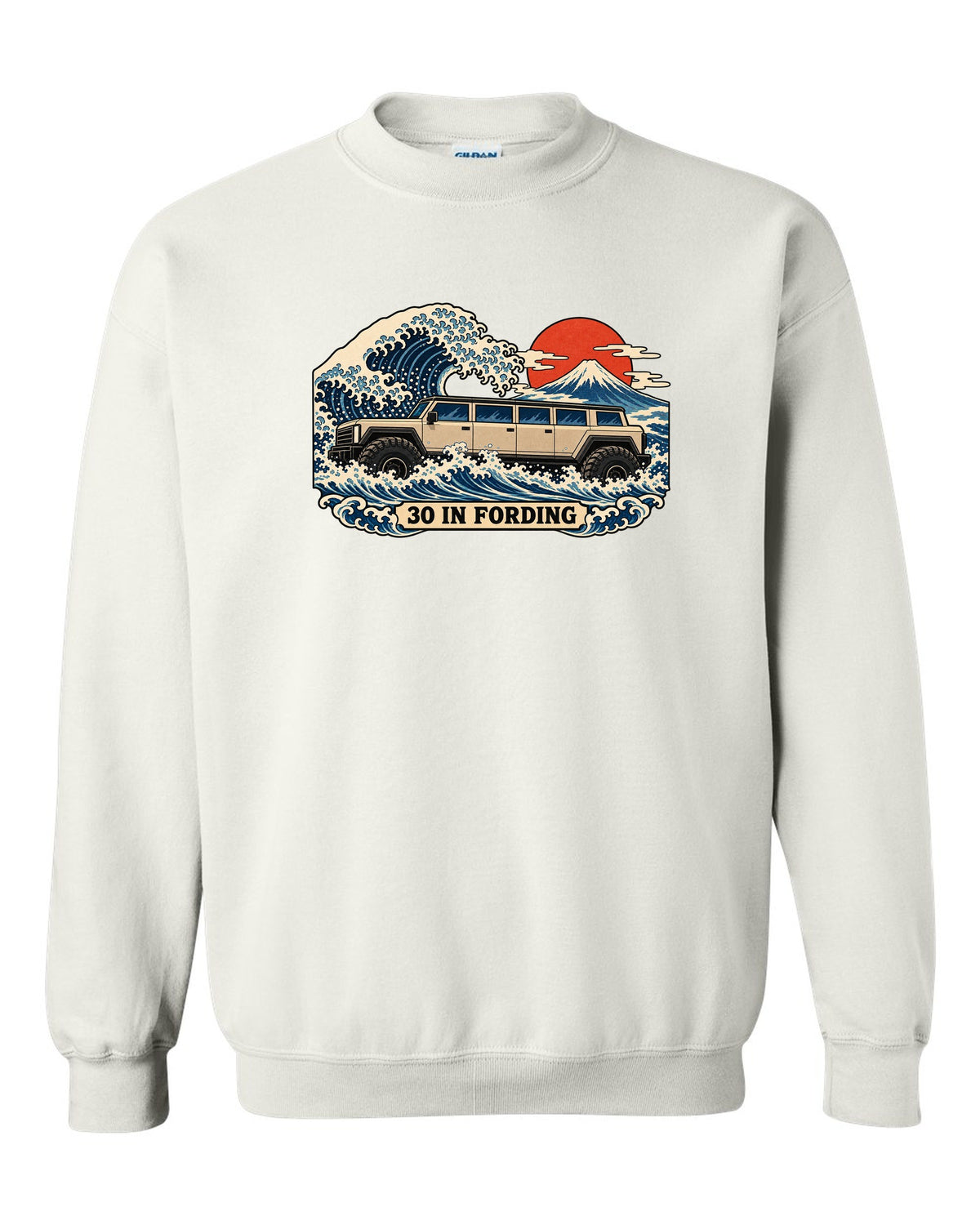Ukiyo-e woodblock wave print with a 1992-2006 Hummer H1 and 30 IN FORDING text white crewneck front view with the design