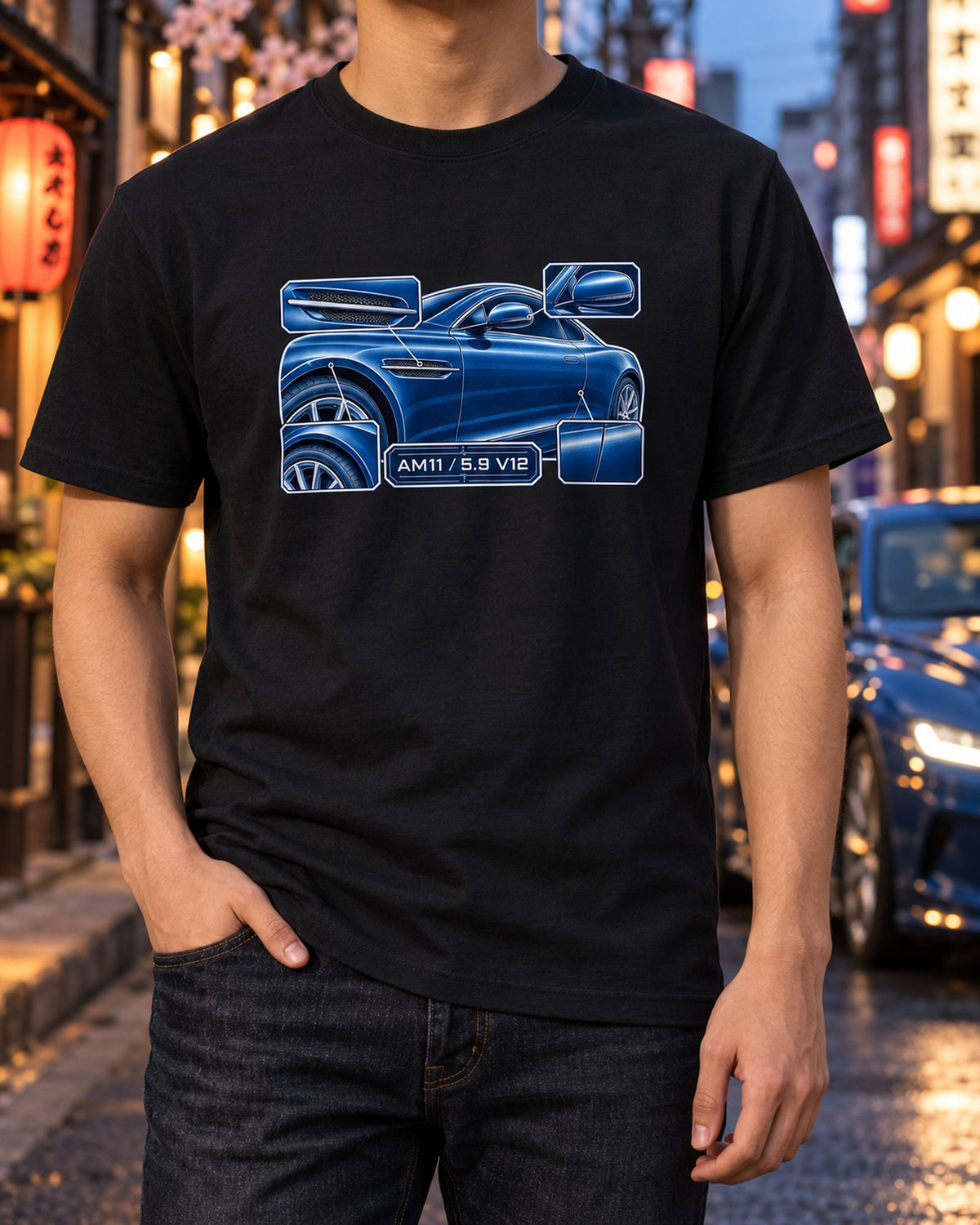 Aston Martin DB9 2004 Side Strake Cyanotype Shirt, AM11 V12 T-Shirt Black worn hero