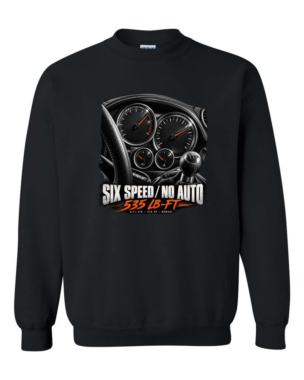 2006 Dodge Viper SRT-10 ZB I instrument gauge cluster print with six speed lettering black crewneck front view with the design