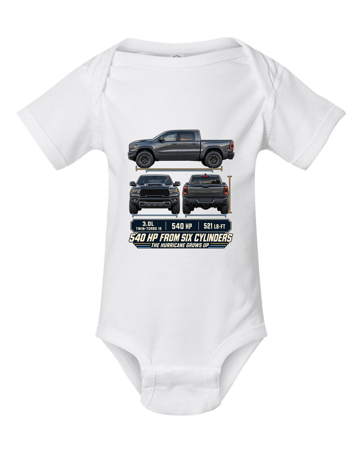 Ram 1500 RHO 2025 three-view drawing with spec table print white baby onesie front view with the design
