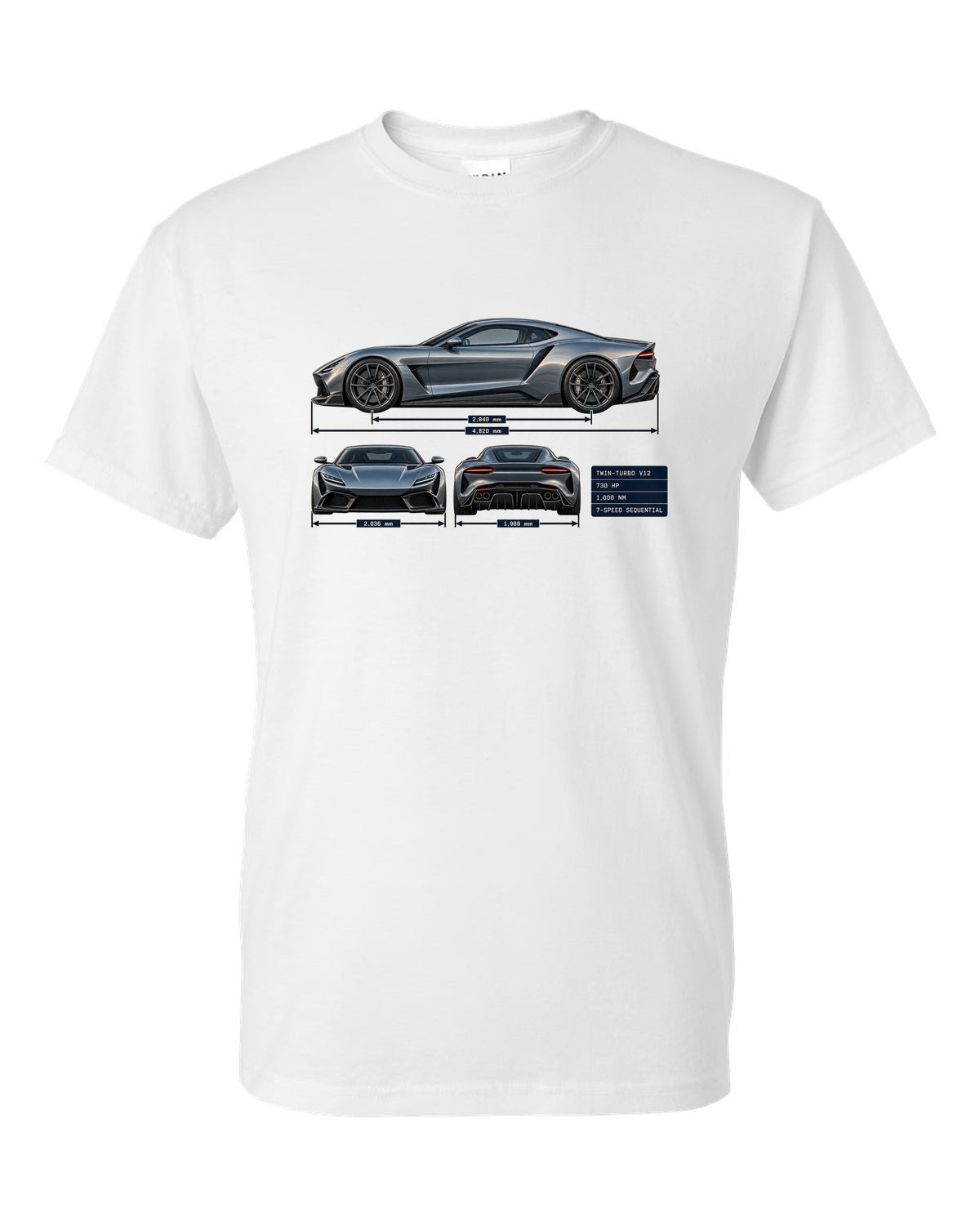 Three-view and spec table print of the Pagani Huayra coupe with 730 hp, 1,000 Nm, seven-speed sequential white t-shirt front view with the design