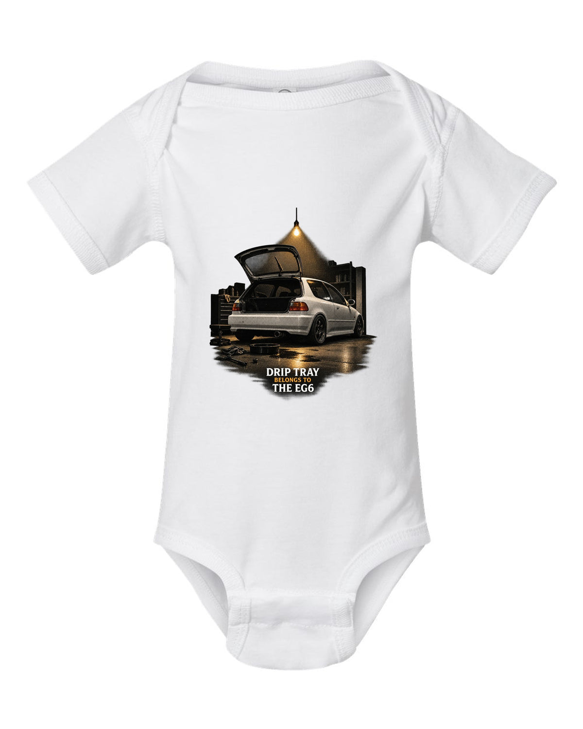 Garage night print of a 1993 Honda Civic EG6 SiR chback with drip tray text white baby onesie front view with the design
