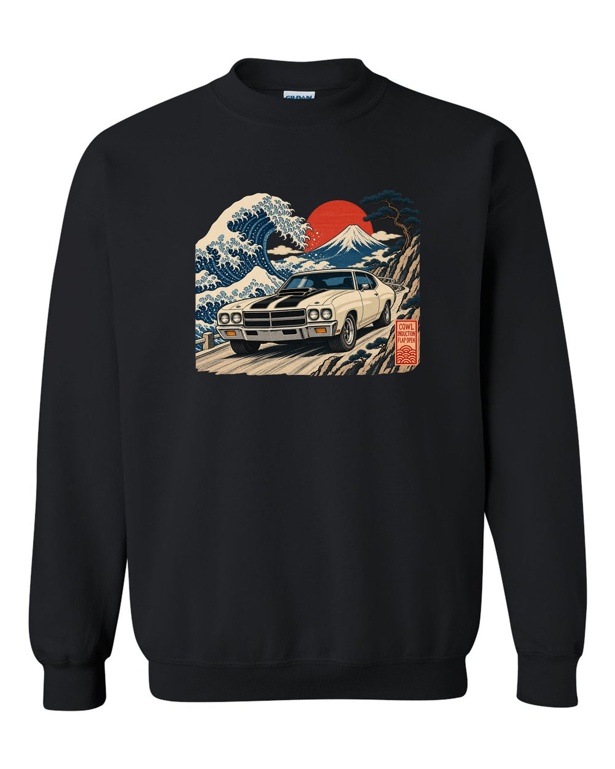Ukiyo-e woodblock print of a 1970 Chevelle SS with the text Cowl Induction, Flap Open black crewneck front view with the design