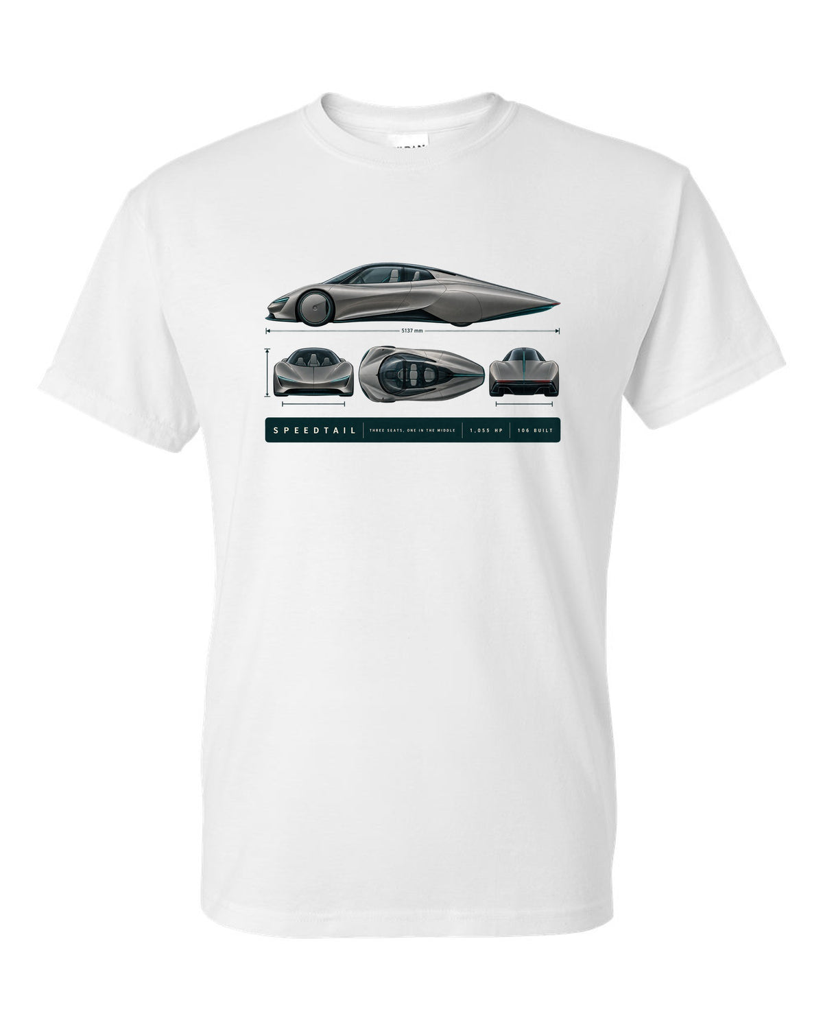 Warm grey and teal length blueprint print of a McLaren Speedtail white t-shirt front view with the design