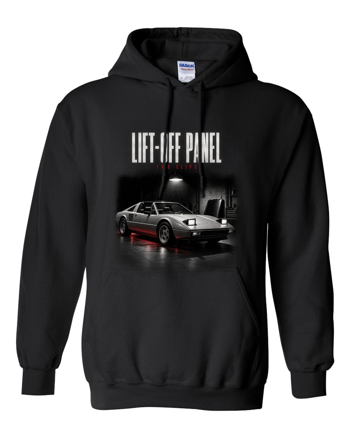Ferrari 308 GTS 1977 targa garage night print, lift-off panel, two clips black pull over hoodie front view with the design