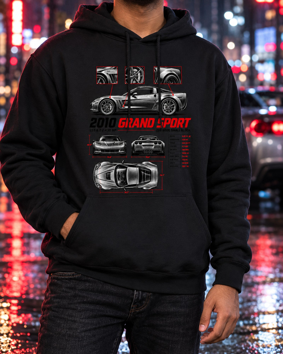 Corvette C6 Grand Sport 2010 Spec Poster Tee, LS3 430 HP Pull Over Hoodie Black worn hero