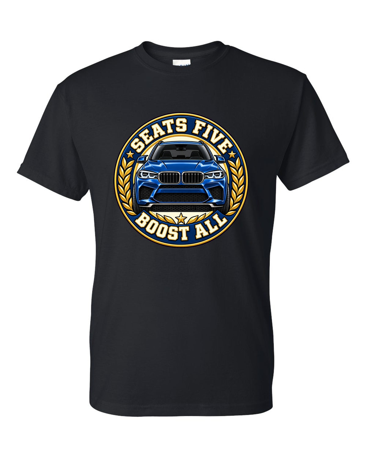 Embroidery-style varsity crest print for the BMW X5 M F85 black t-shirt front view with the design
