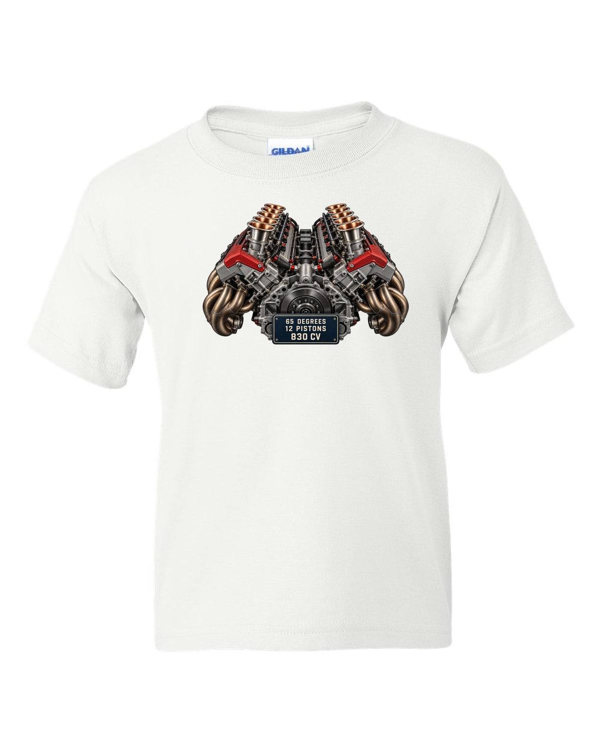 Engine bay print of the Ferrari 12Cilindri F140HD V12 white kids tee front view with the design