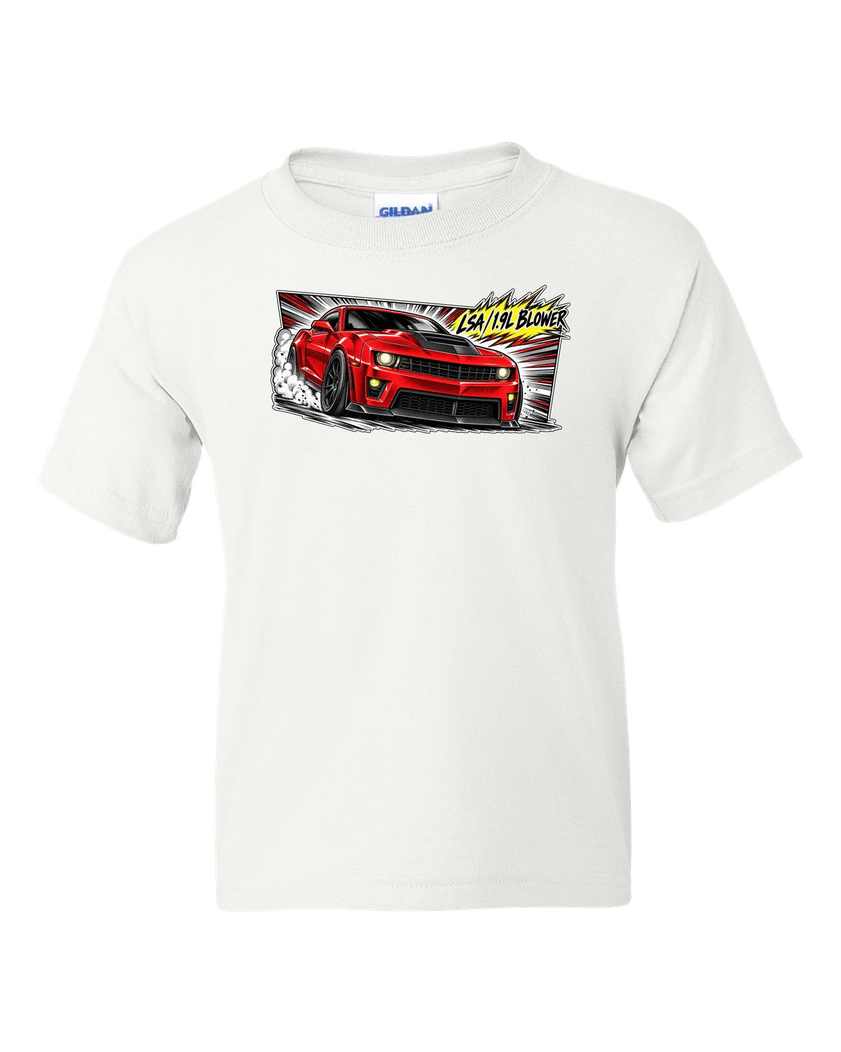Retro manga panel with speed lines and screentone of a 2012 Chevrolet Camaro ZL1 white kids tee front view with the design