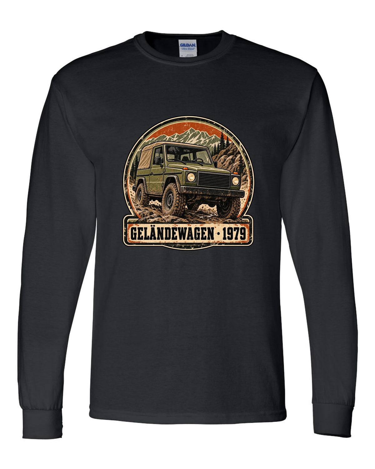 Flat minimal vector graphic of keys on a dish reading 12 MPG Worth It for a Mercedes G63 W464, print black long sleeve front view with the design