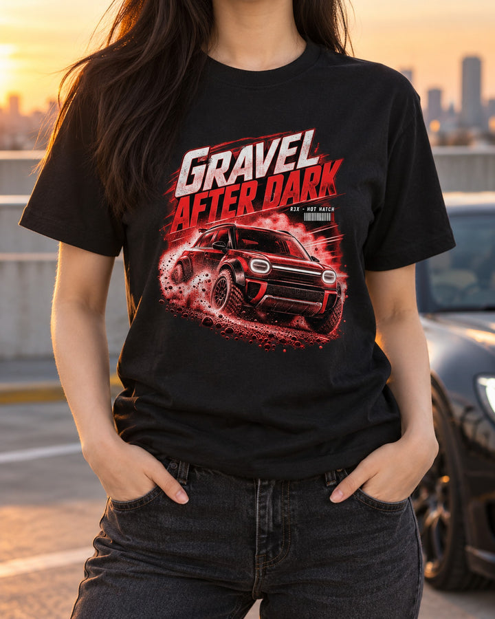 Rivian R3X Hot Hatch Gravel Night Poster Shirt, Rally Flares T-Shirt Black worn hero