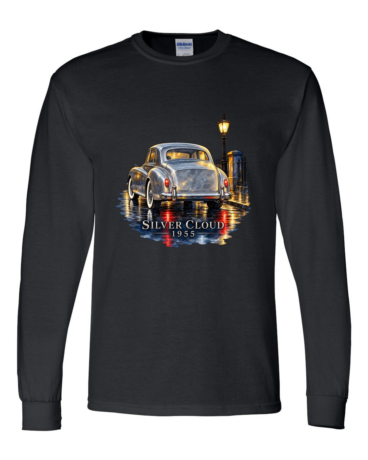Watercolour painting of a 1955 Rolls-Royce Silver Cloud on a rainy night road with SILVER CLOUD lettering black long sleeve front view with the design