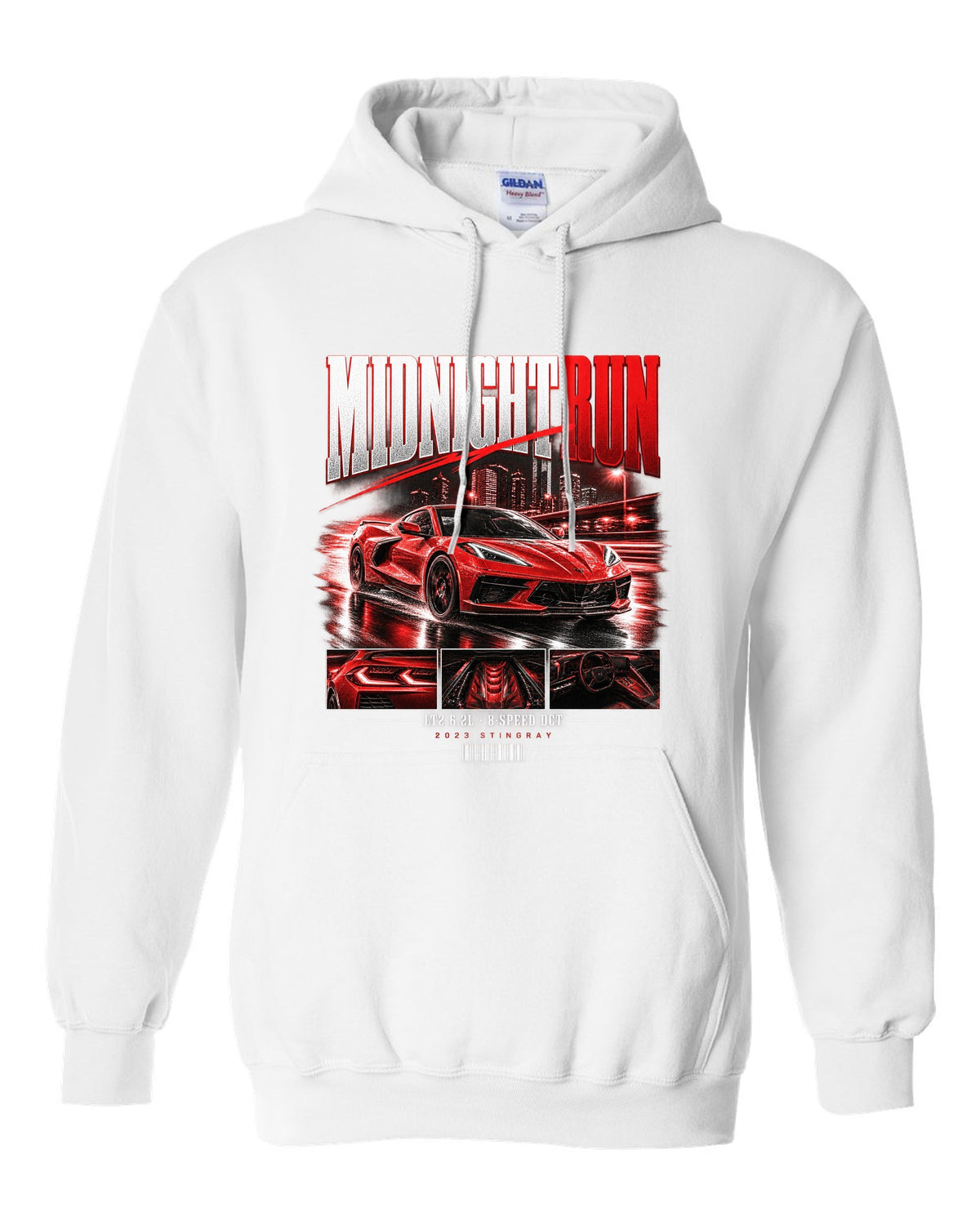 Corvette C8 Stingray 2023 widebody street poster Midnight Run white pull over hoodie front view with the design