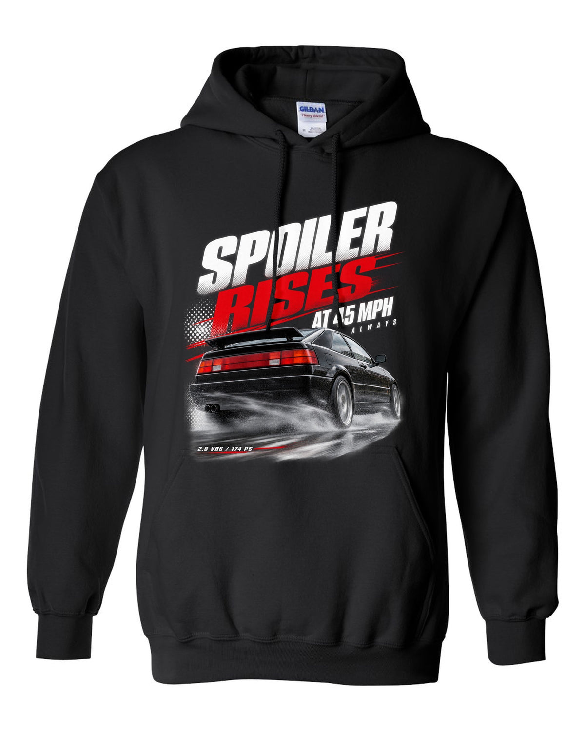 Race poster print of a VW Corrado VR6 rear three-quarter with spoiler rises at 45 mph text black pull over hoodie front view with the design