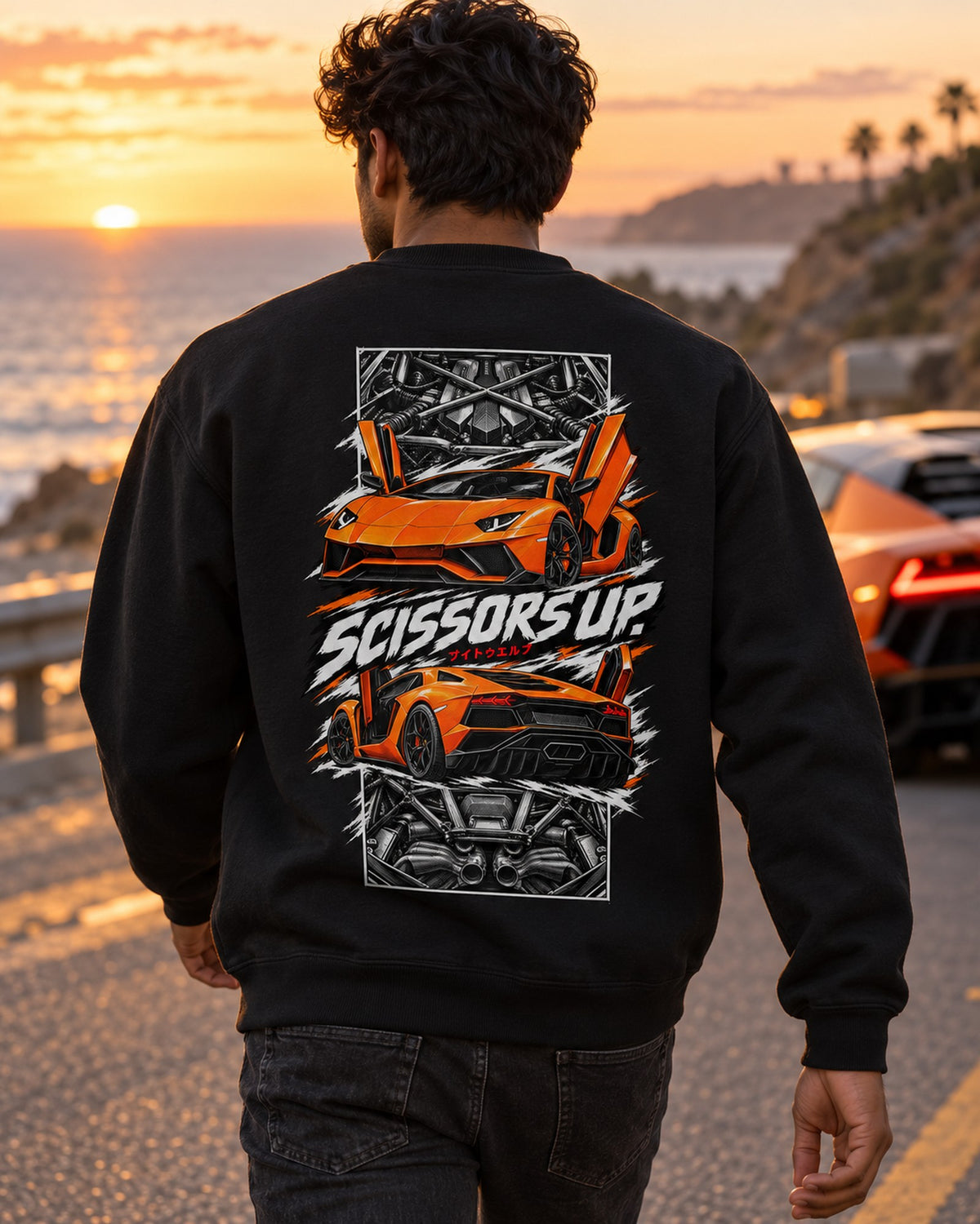 Lamborghini Aventador Torn Poster Full-Back Graphic Tee Crewneck Black worn hero