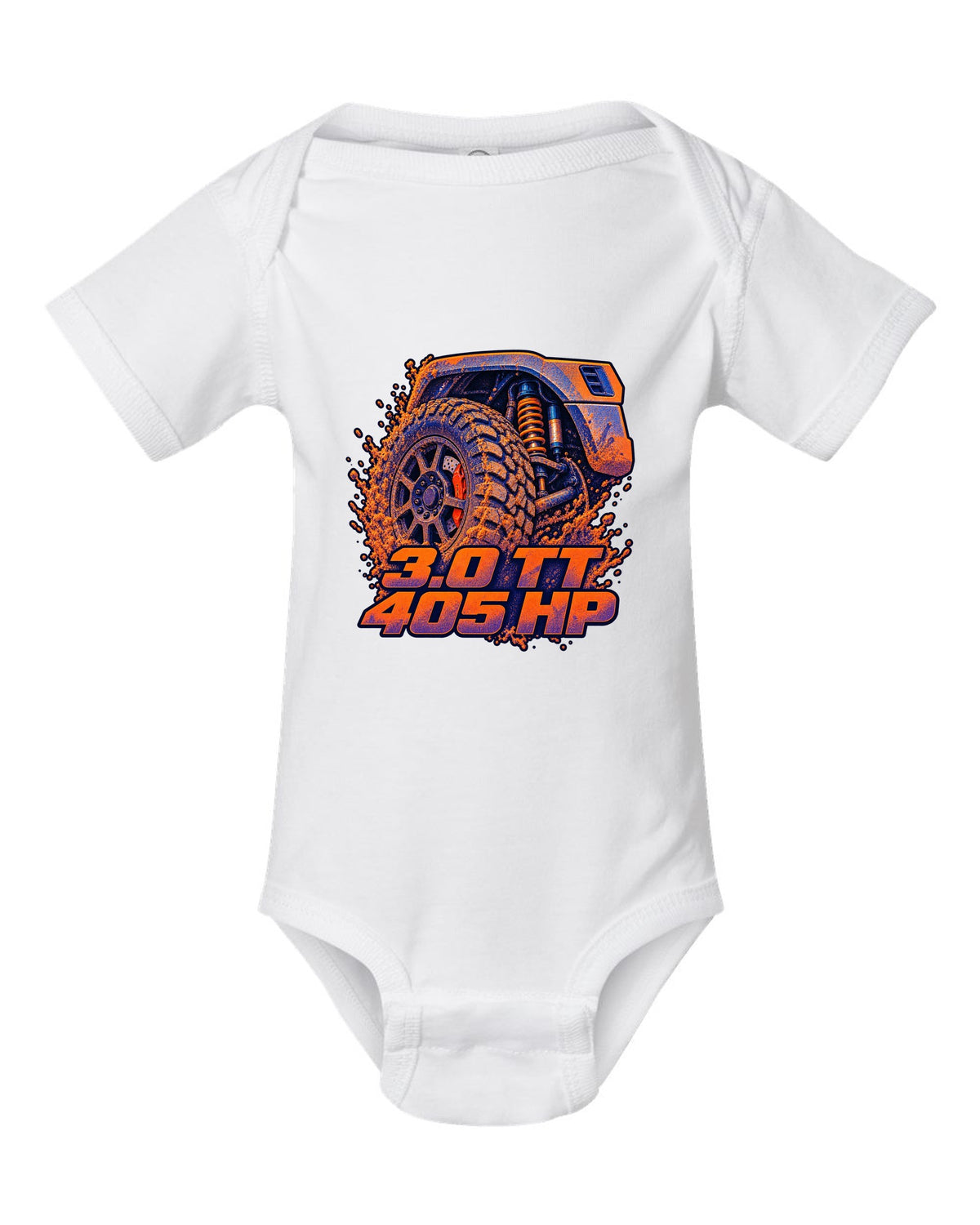 Ford Ranger Raptor P703 wheel and brake in a risograph style print white baby onesie front view with the design