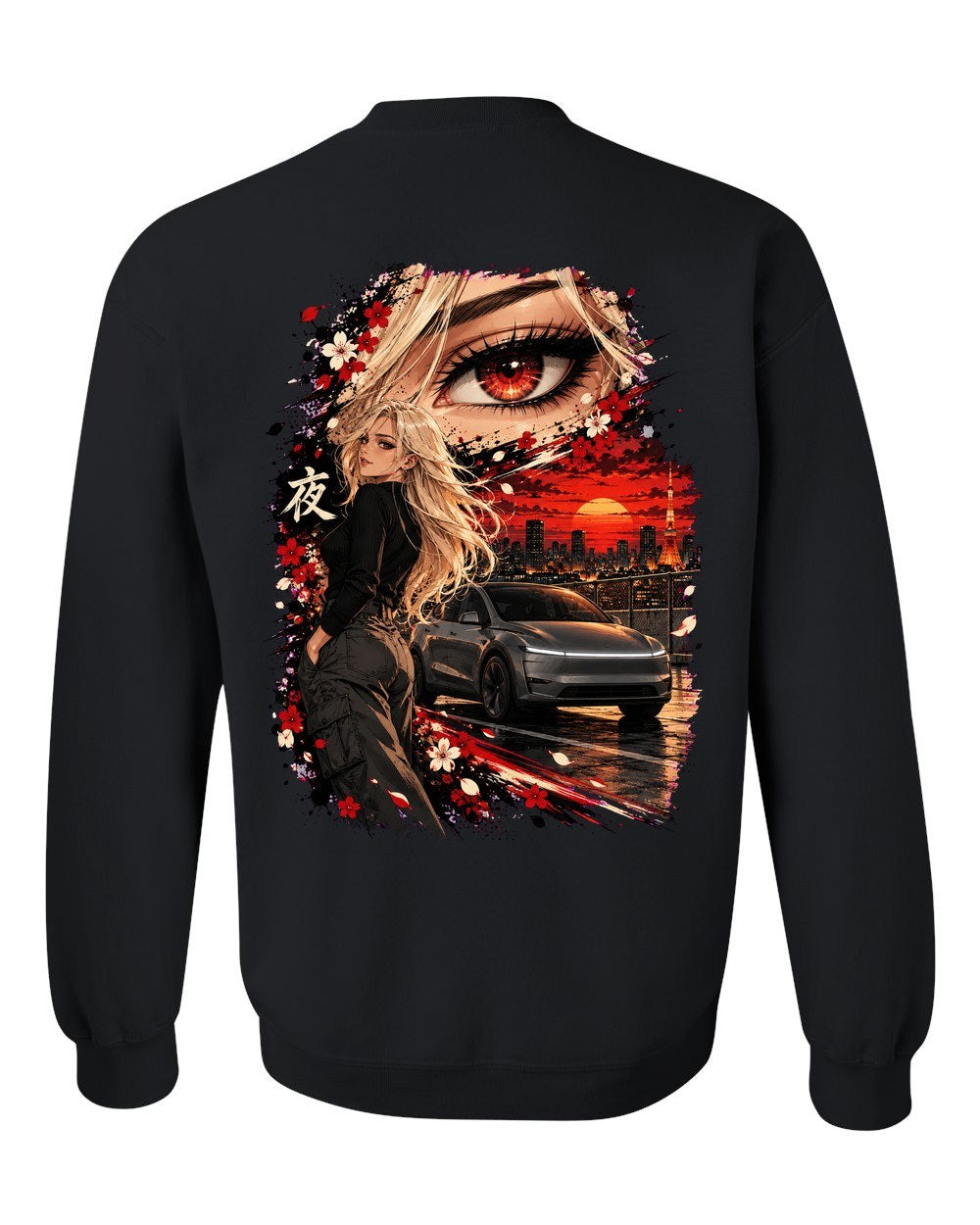 Tesla Model Y Juniper Anime Girl Crewneck Black back