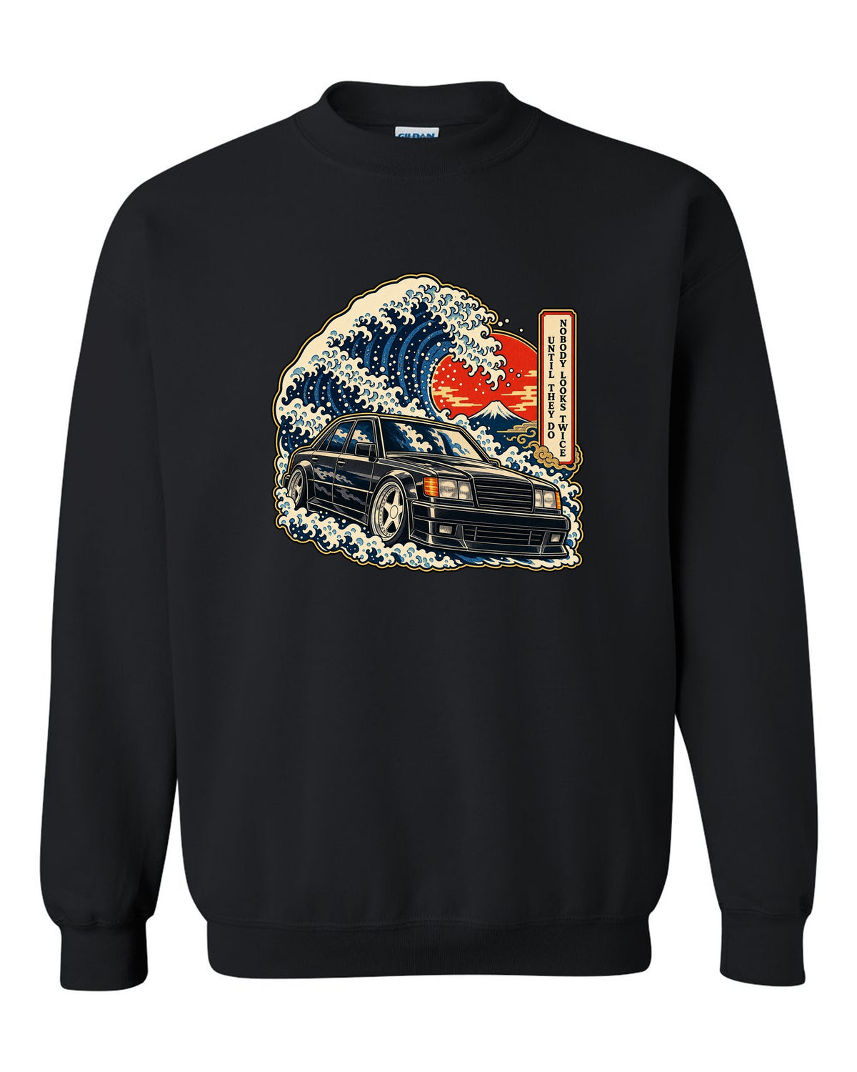 Ukiyo-e woodblock wave over a Mercedes 300E Hammer W124 with caption text black crewneck front view with the design