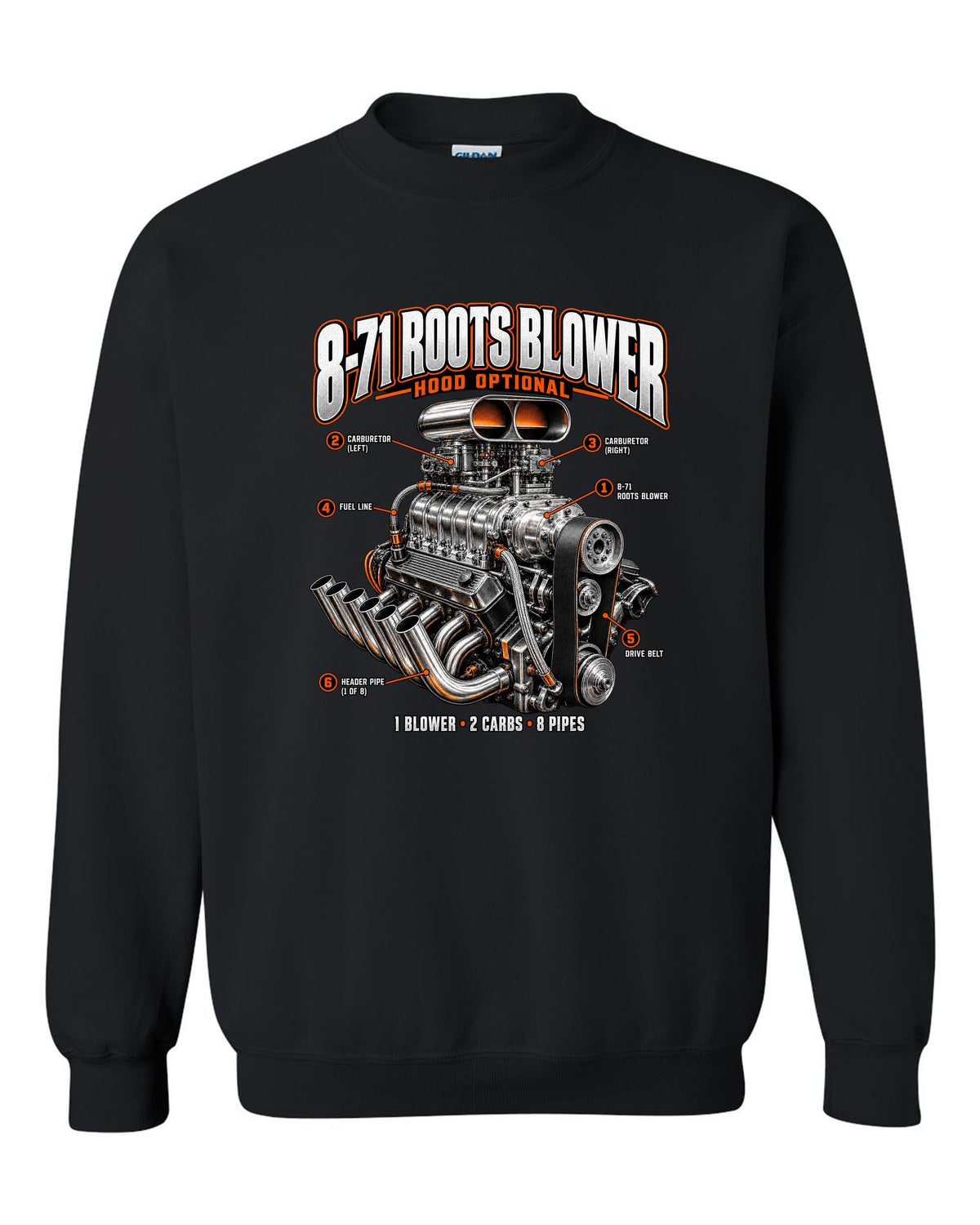 Engine callout print of a blown small-block V8 with 8-71 Roots blower black crewneck front view with the design