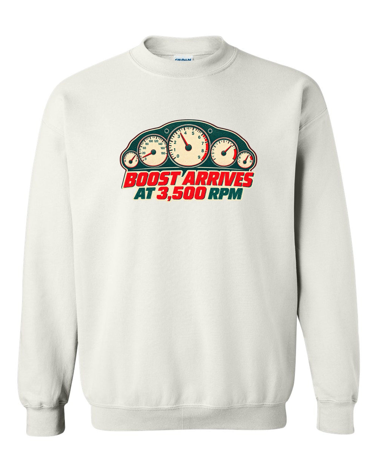 Risograph two-colour print of a tachometer for the Nissan Skyline GT-R R33 BCNR33 white crewneck front view with the design