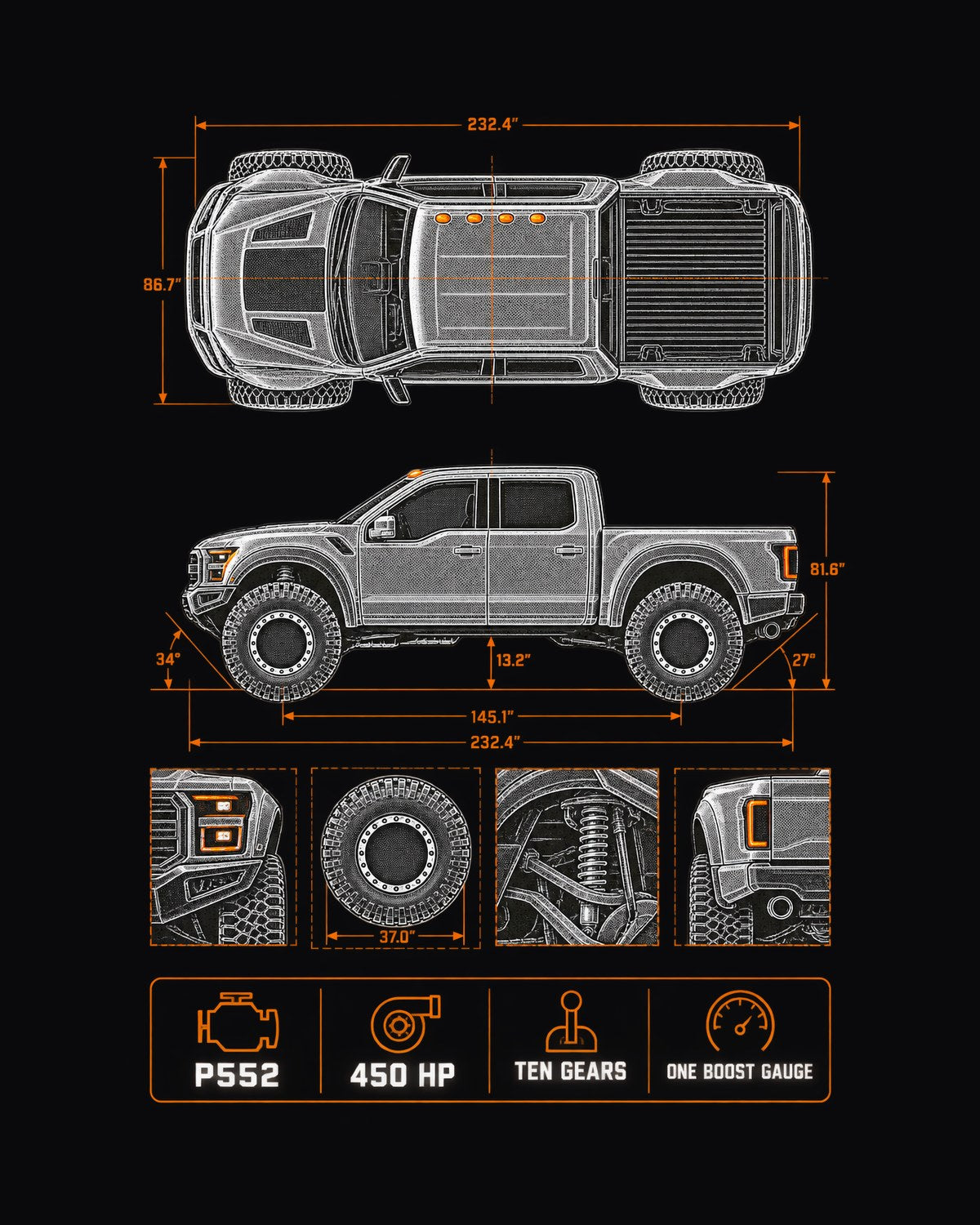 Ford F-150 Raptor Gen 2 P552 Spec Poster Tee, Truck Gift design only