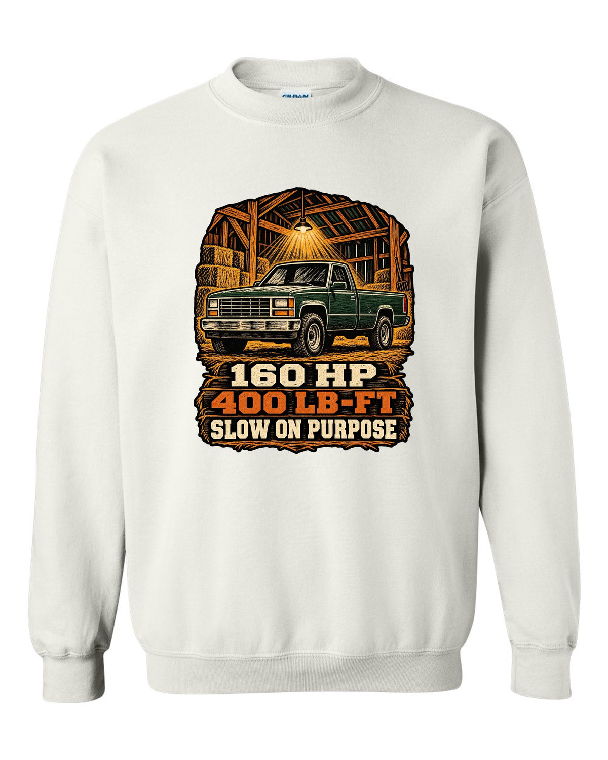 Woodcut style print of a 1989-1993 Dodge Ram D250 Cummins on an oversized shirt white crewneck front view with the design