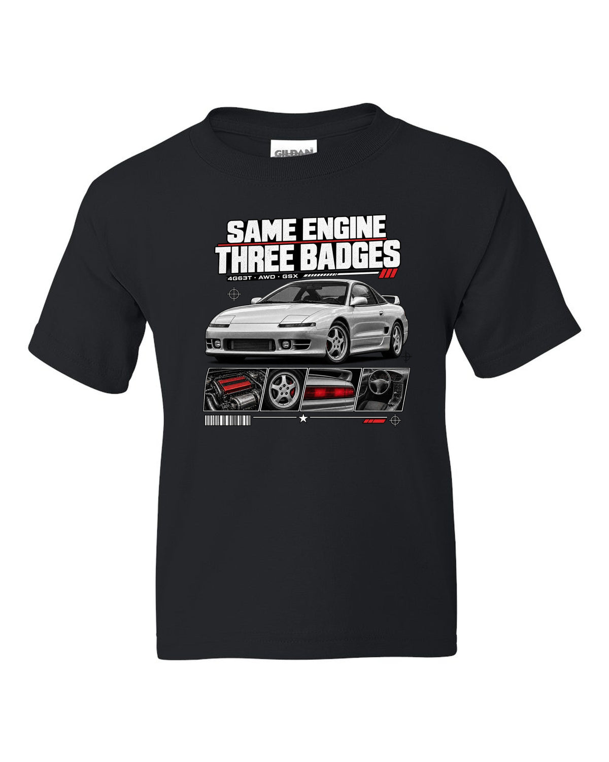 Mitsubishi Eclipse GSX 2G dossier panels with same engine three badges 4G63T text black kids tee front view with the design