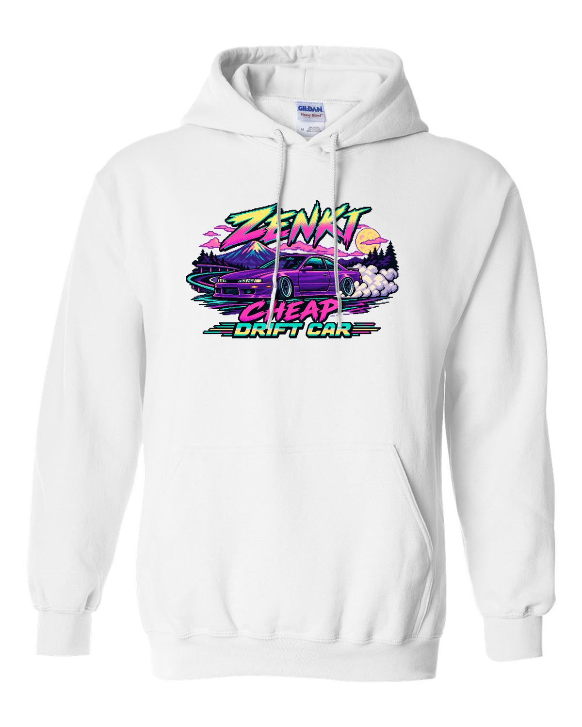 16-bit pixel art print of a Nissan Silvia S14 zenki drift car white pull over hoodie front view with the design