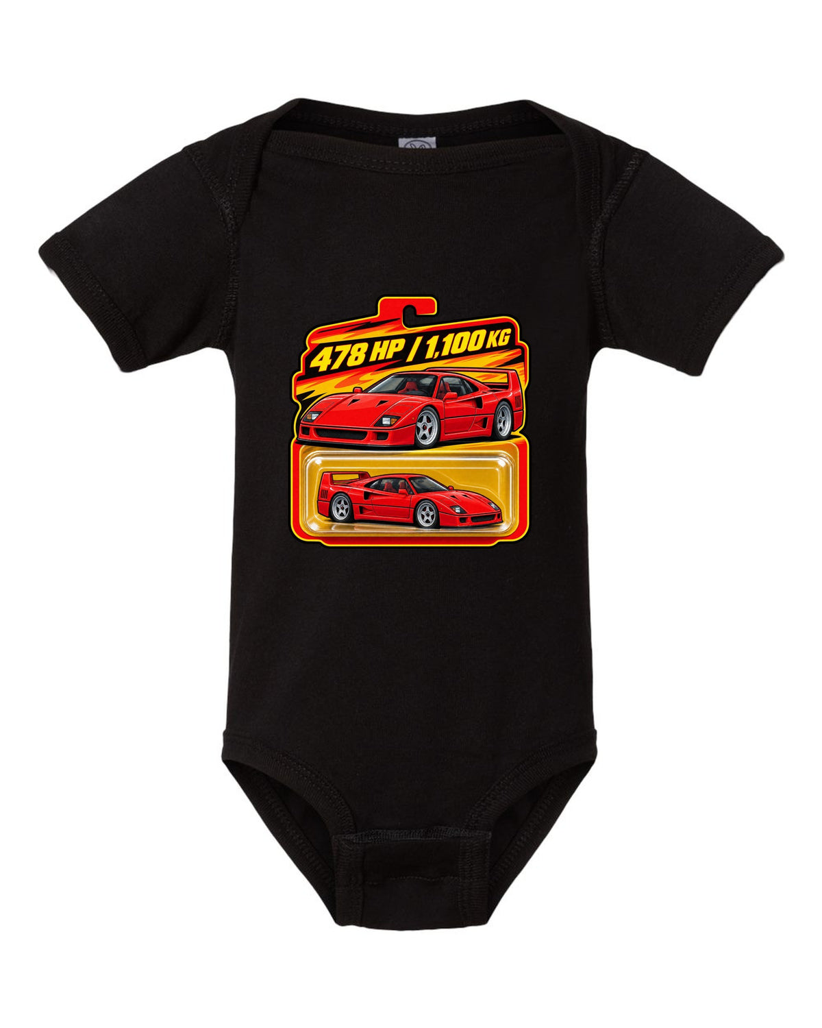 Toy blister-card print of a 1987 Ferrari F40 F120 with 478 HP and 1,100 KG text black baby onesie front view with the design