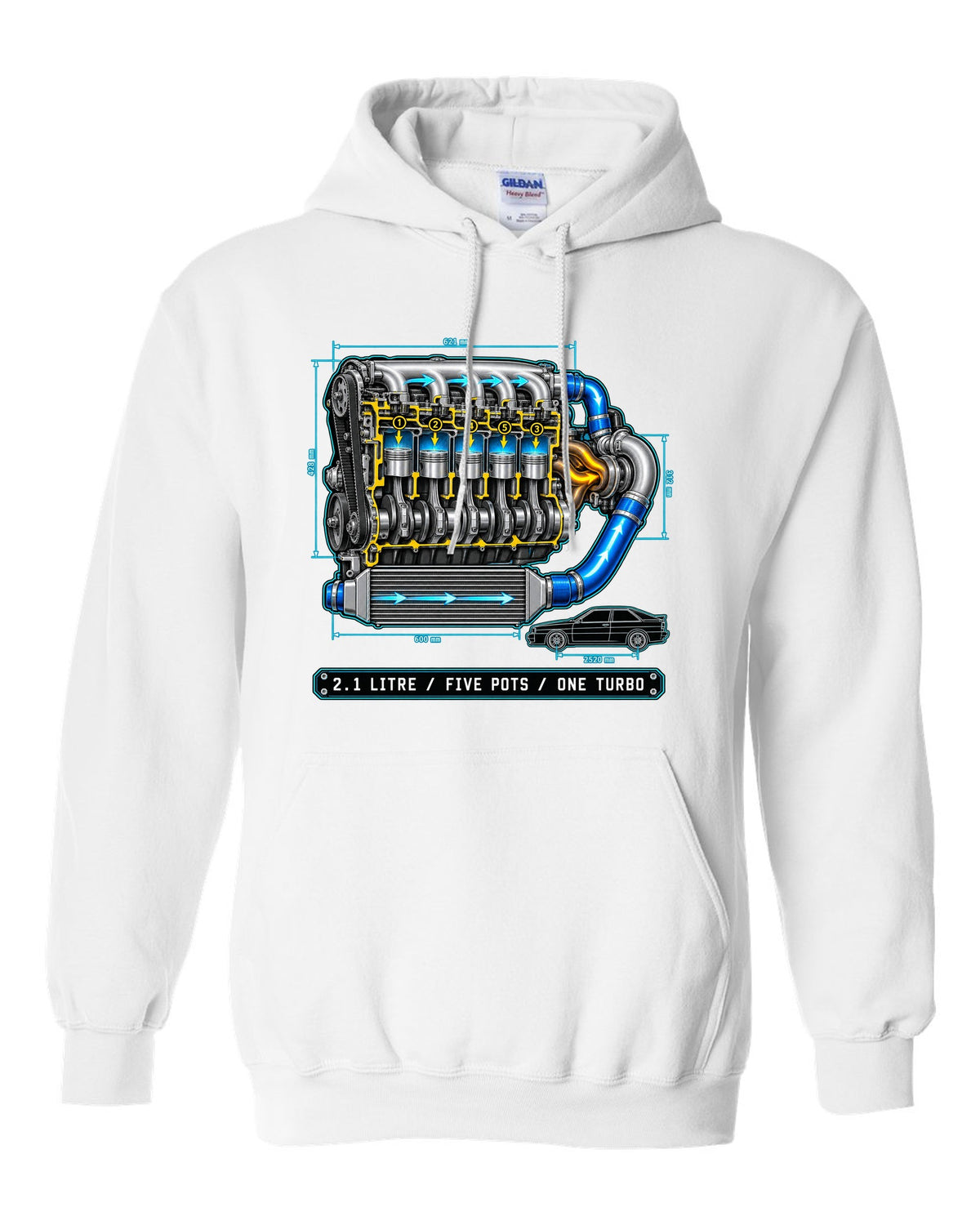 Technical blueprint print of an Audi Ur-Quattro Type 85 with five pots text white pull over hoodie front view with the design